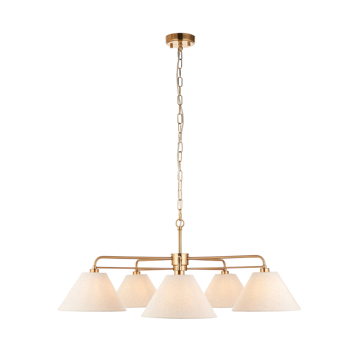 Wallbridge five-light pendant with aged brass arms, chain suspension and oatmeal linen shades