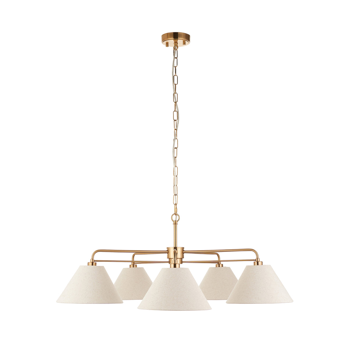 Studio view of the Wallbridge pendant light, brass frame with five tapered linen shades