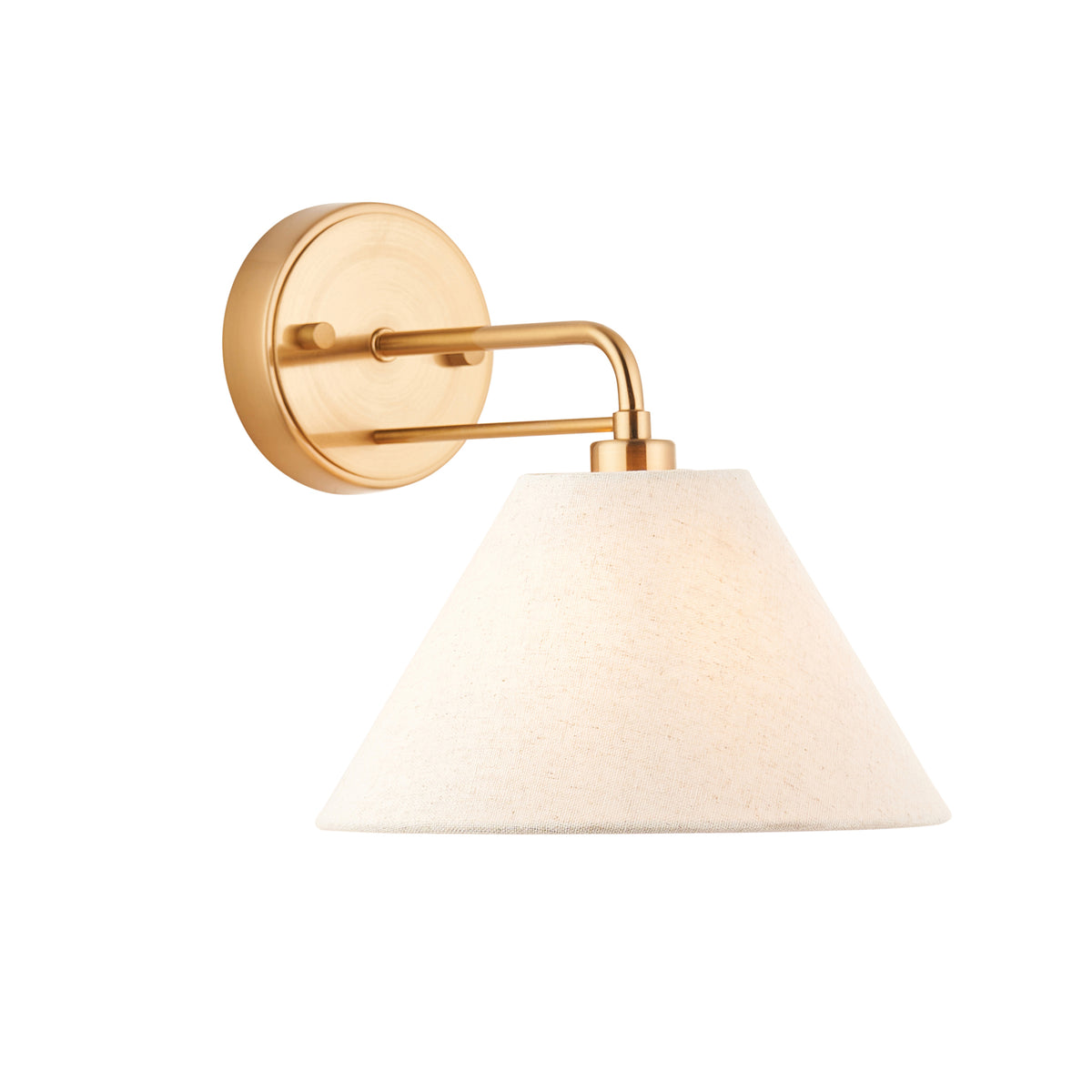 Wallbridge brushed aged brass wall light with cream linen coolie shade on a white background