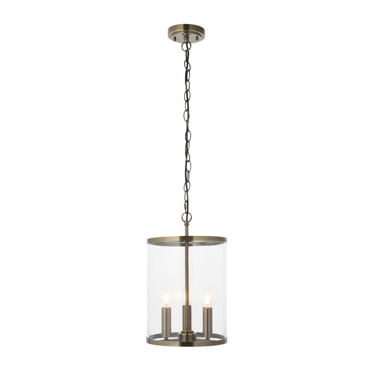 Hebden antique brass 3-light lantern pendant with clear glass cylinder shade and chain suspension