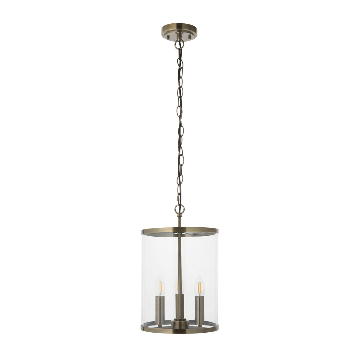 Hebden antique brass lantern pendant shown lit with three candle bulbs on a white background