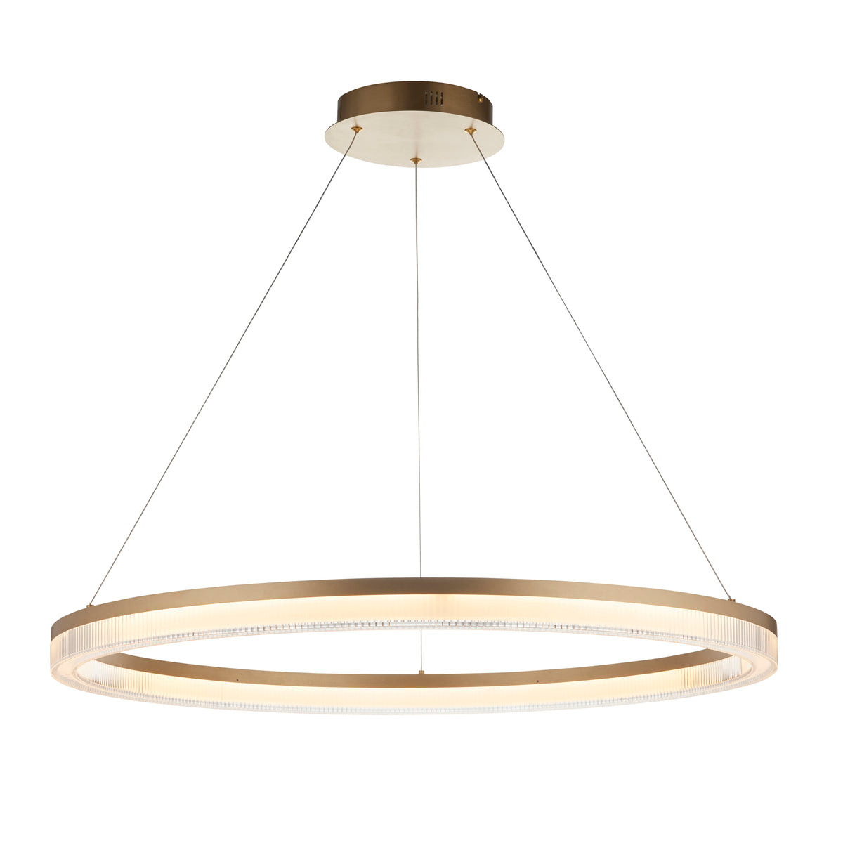 Lansina brushed gold LED ring pendant with ribbed diffuser, suspended on slim wires