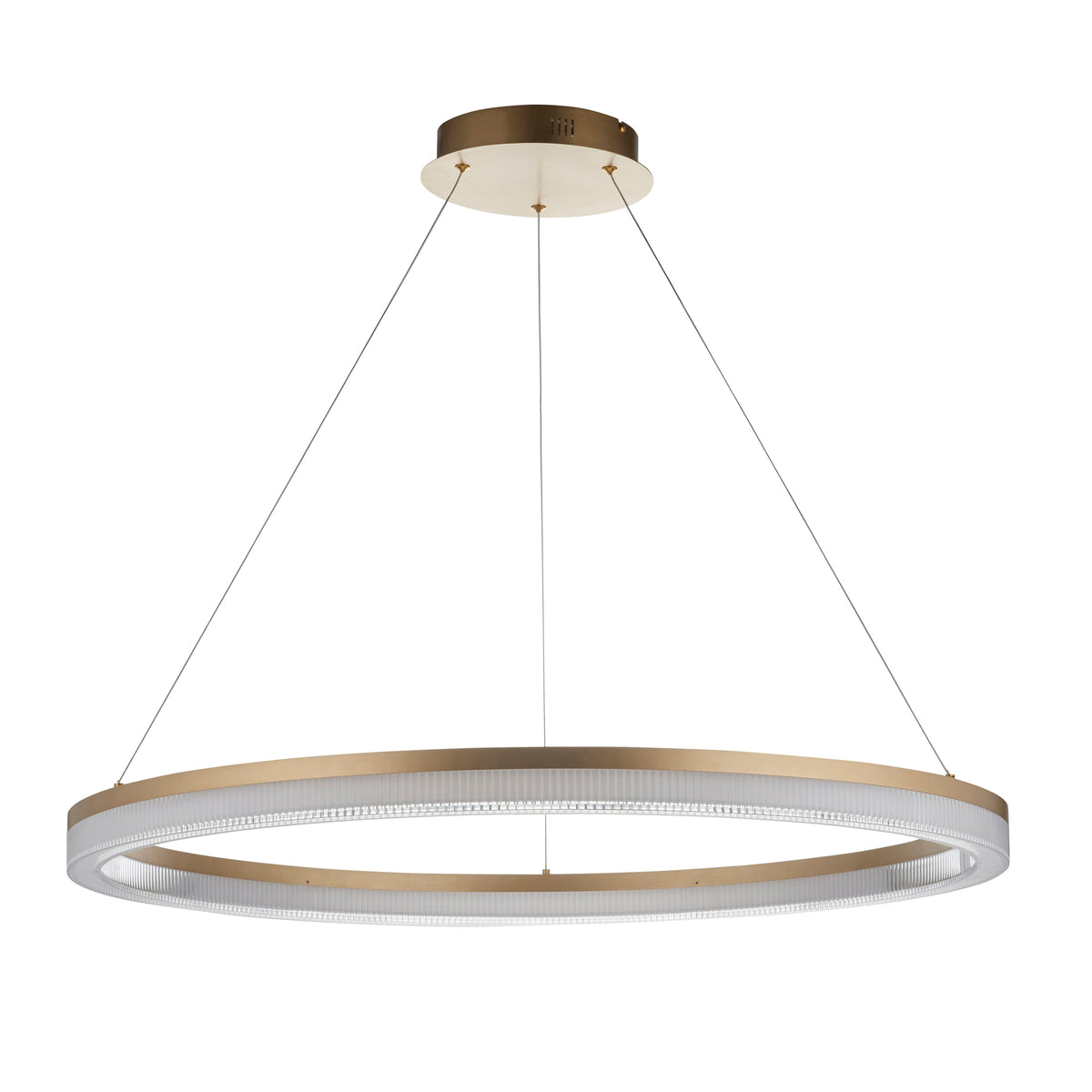 Lansina brushed gold LED ring pendant with ribbed diffuser, unlit on a white background