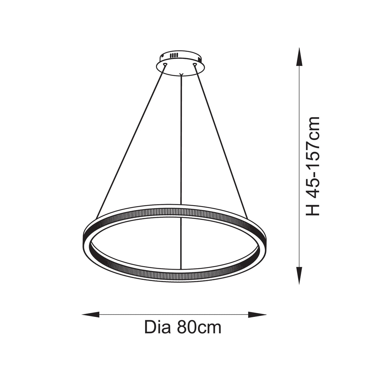 Dimension diagram of the Lansina ring pendant showing diameter and adjustable drop height