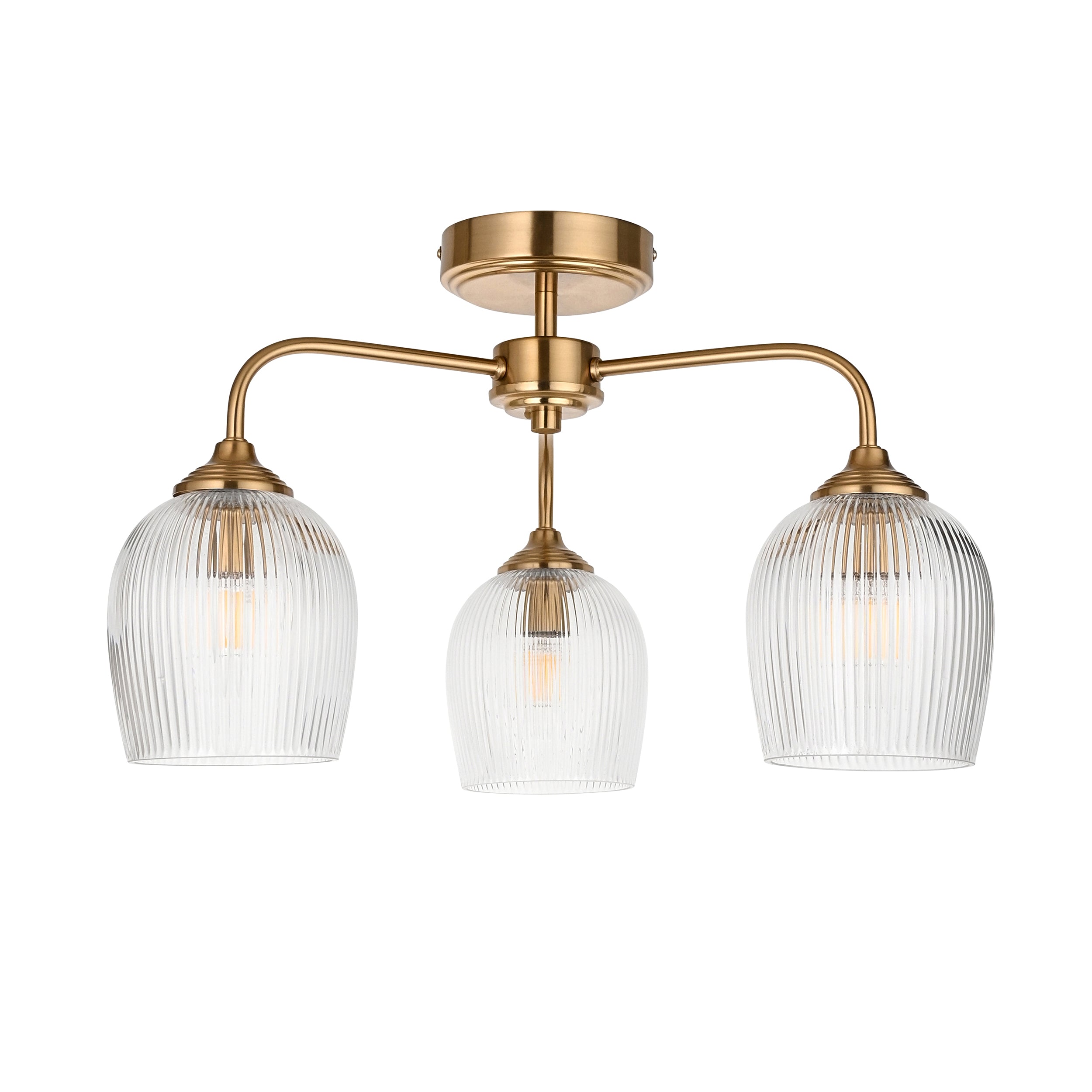 Ashcroft Brass 3 Light Brass Semi-Flush - Ribbed Glass Shades
