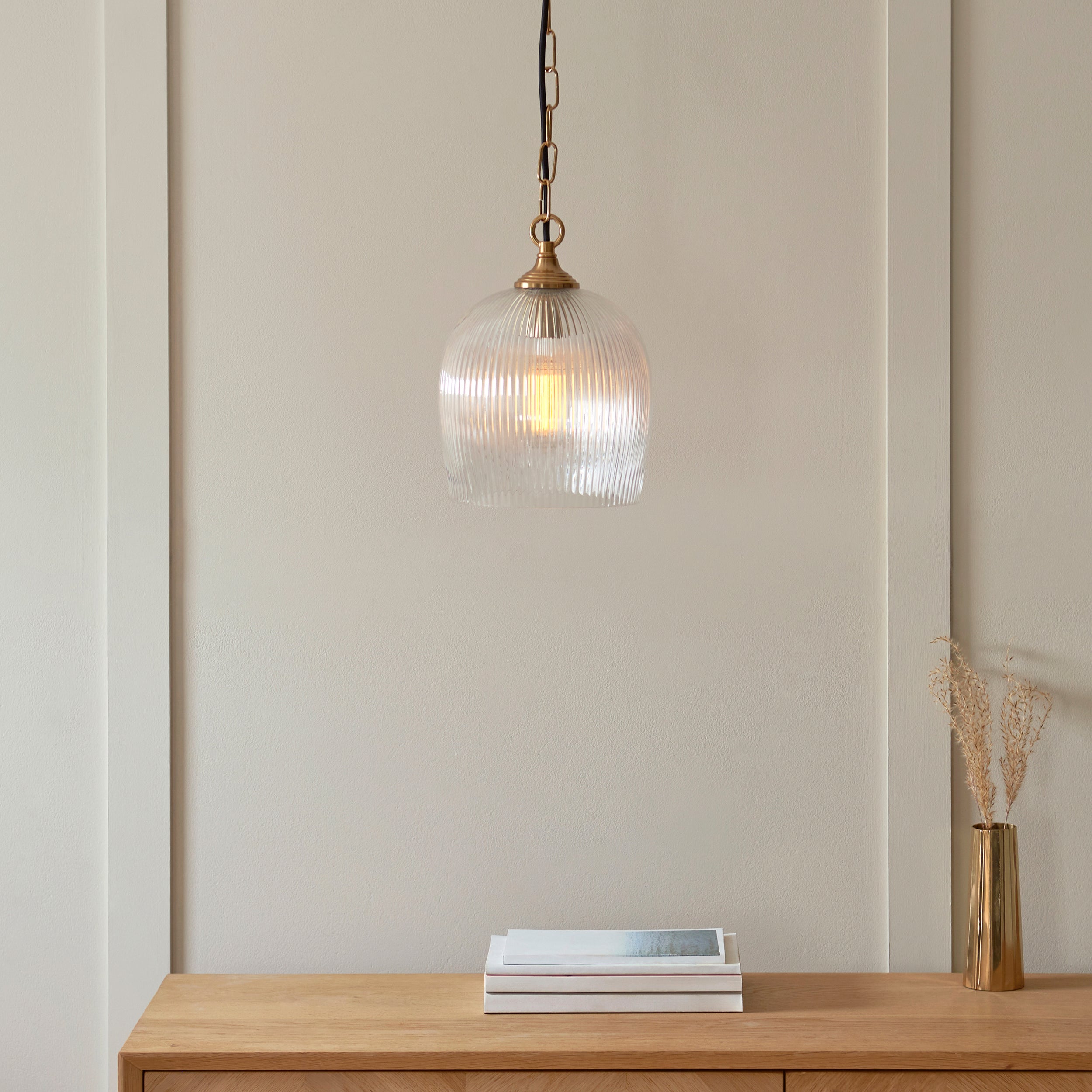 Ashcroft Ribbed Glass Shade Brass Pendant