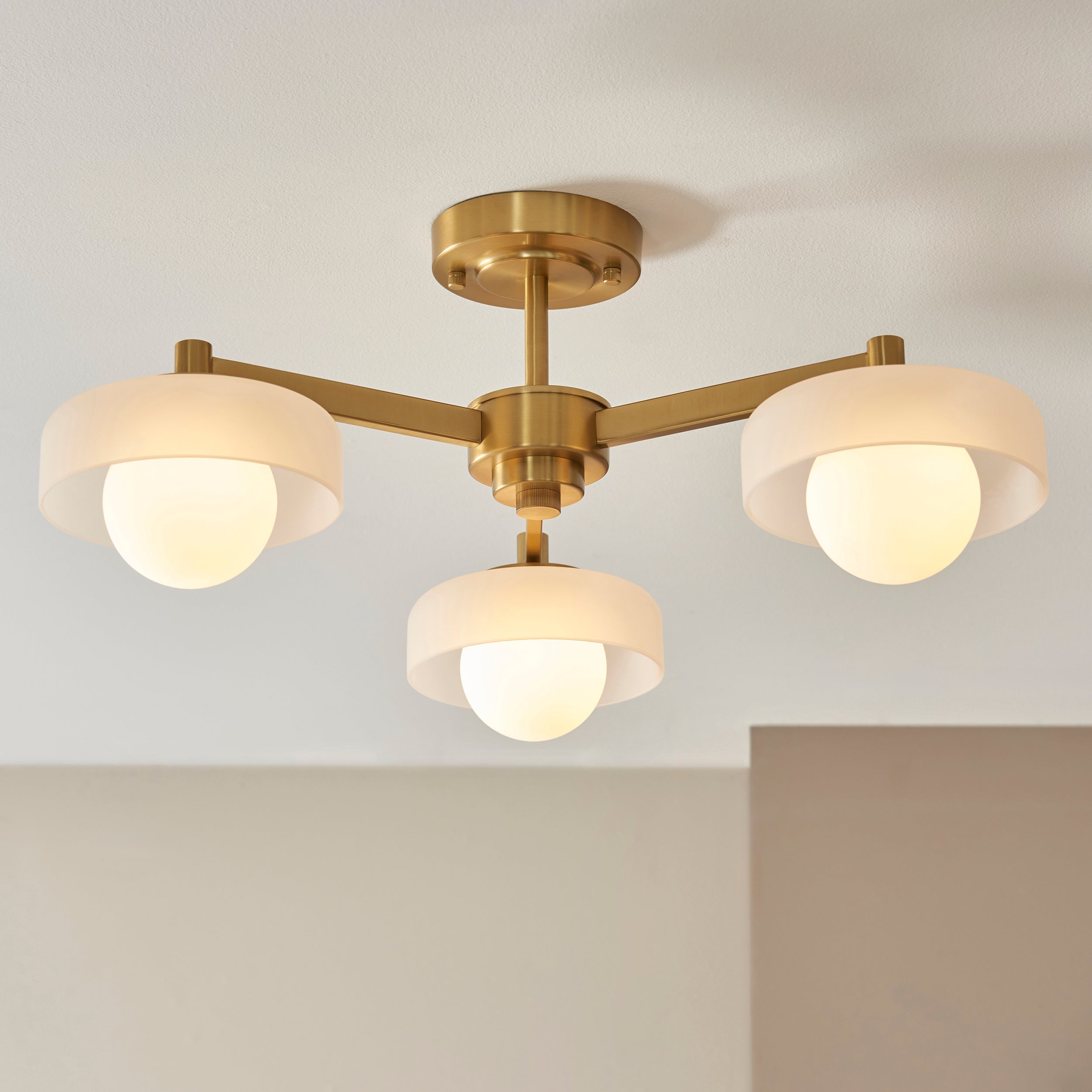 Boss 3 Light Brass Pendant With Opal Glass Shades