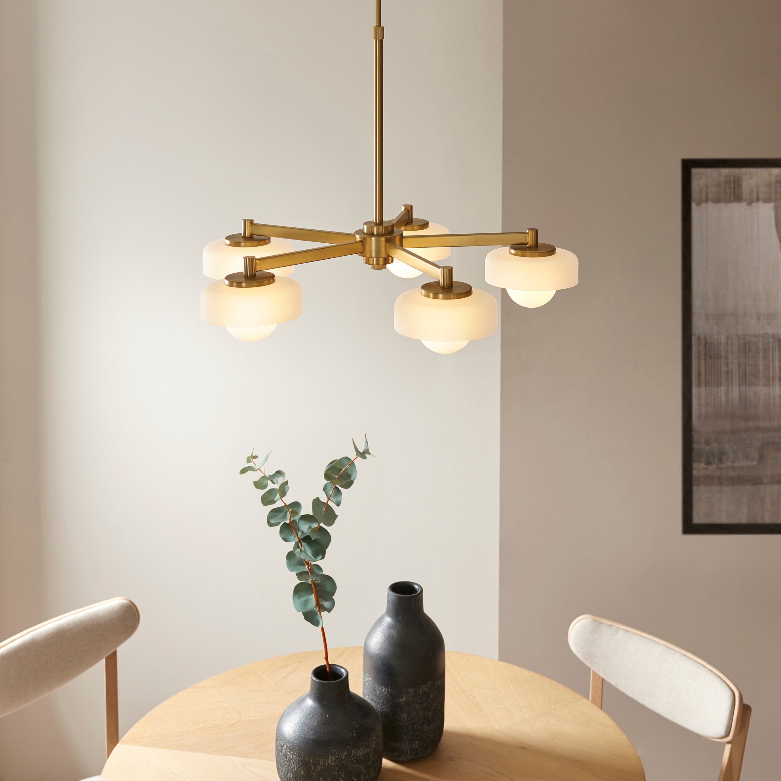 Boss 5 Light Brass Pendant With Opal Glass Shades