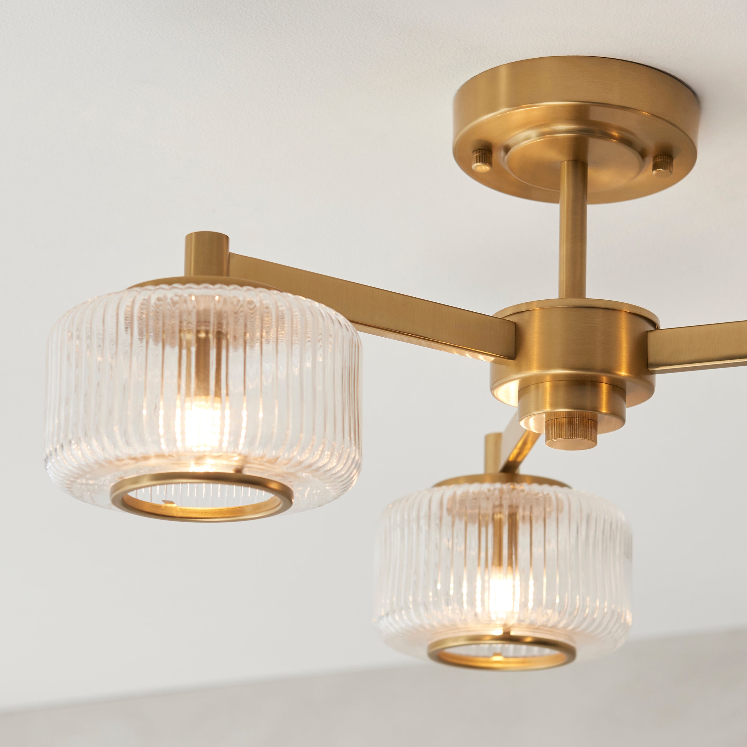 Stamford 3 Light Brass & Ribbed Glass Semi Flush
