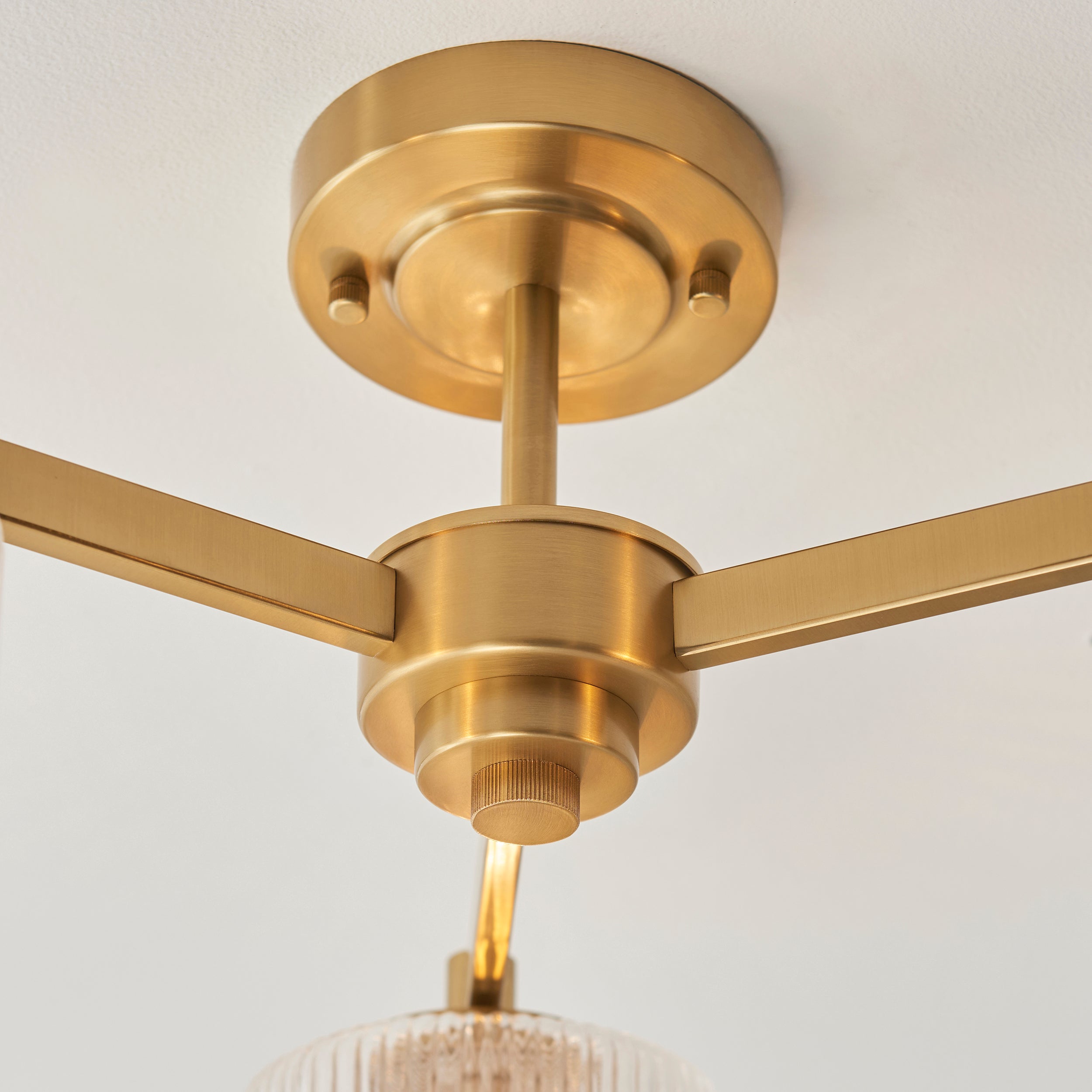 Stamford 3 Light Brass & Ribbed Glass Semi Flush