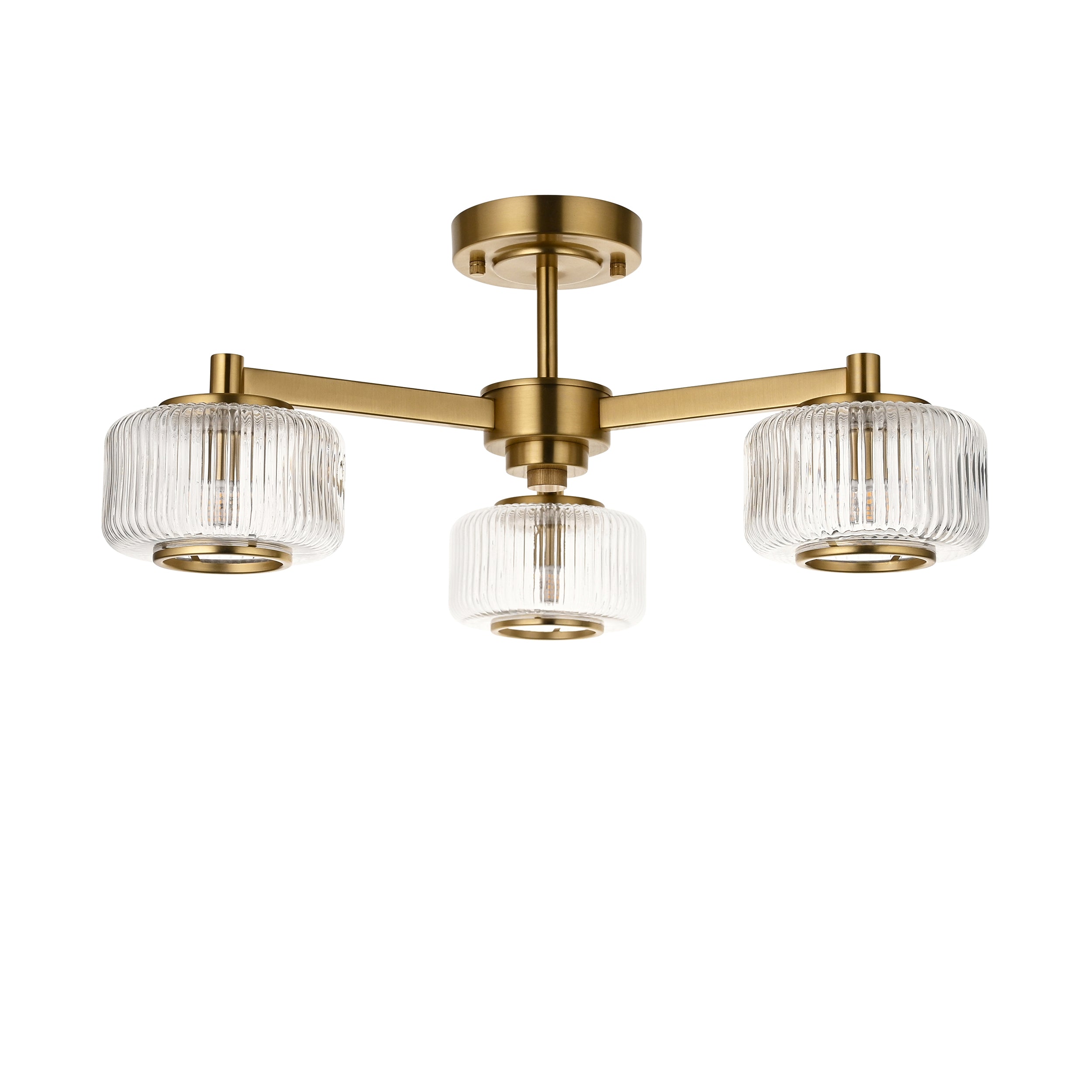 Stamford 3 Light Brass & Ribbed Glass Semi Flush