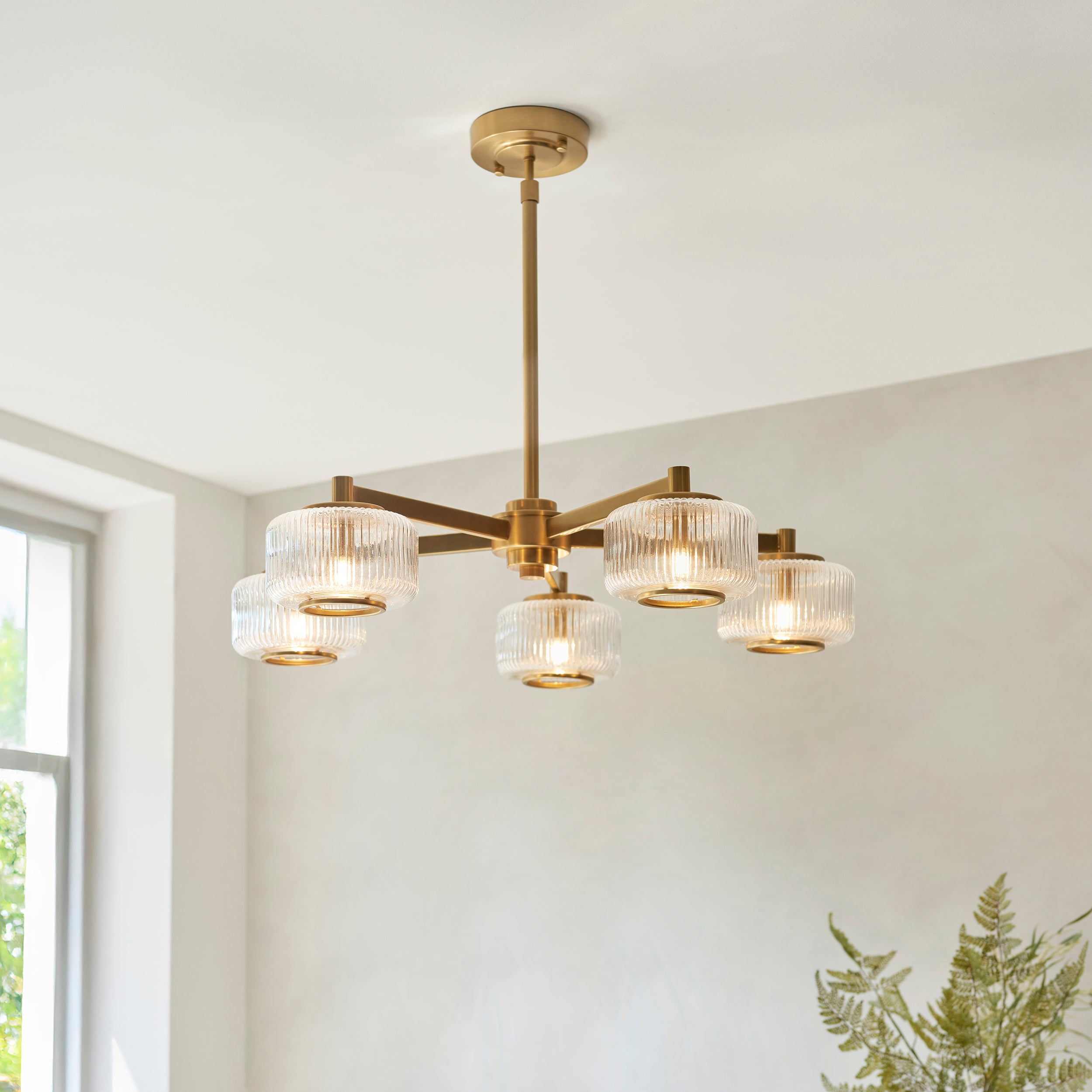 Stamford 5 Light Brass & Ribbed Glass Pendant