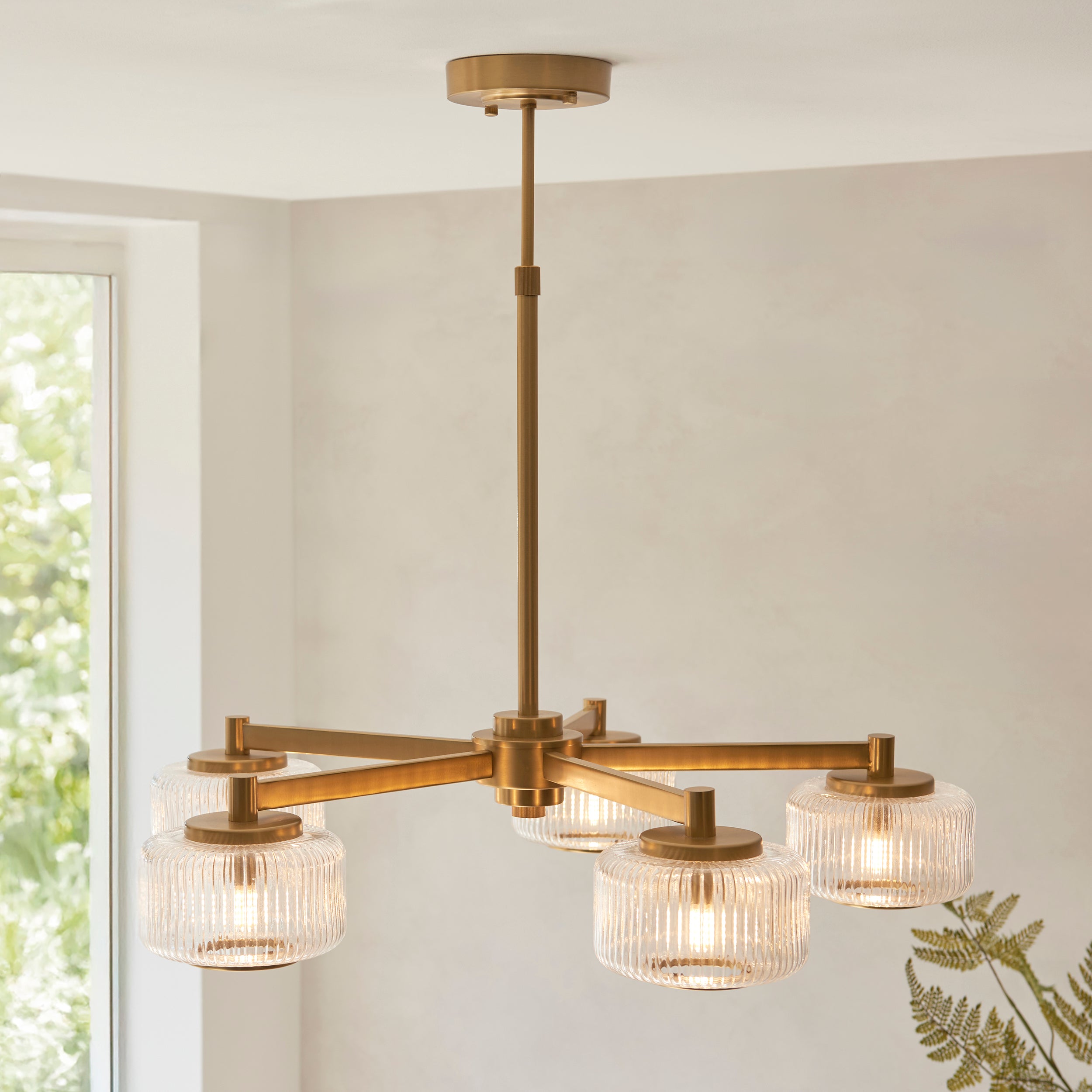 Stamford 5 Light Brass & Ribbed Glass Pendant