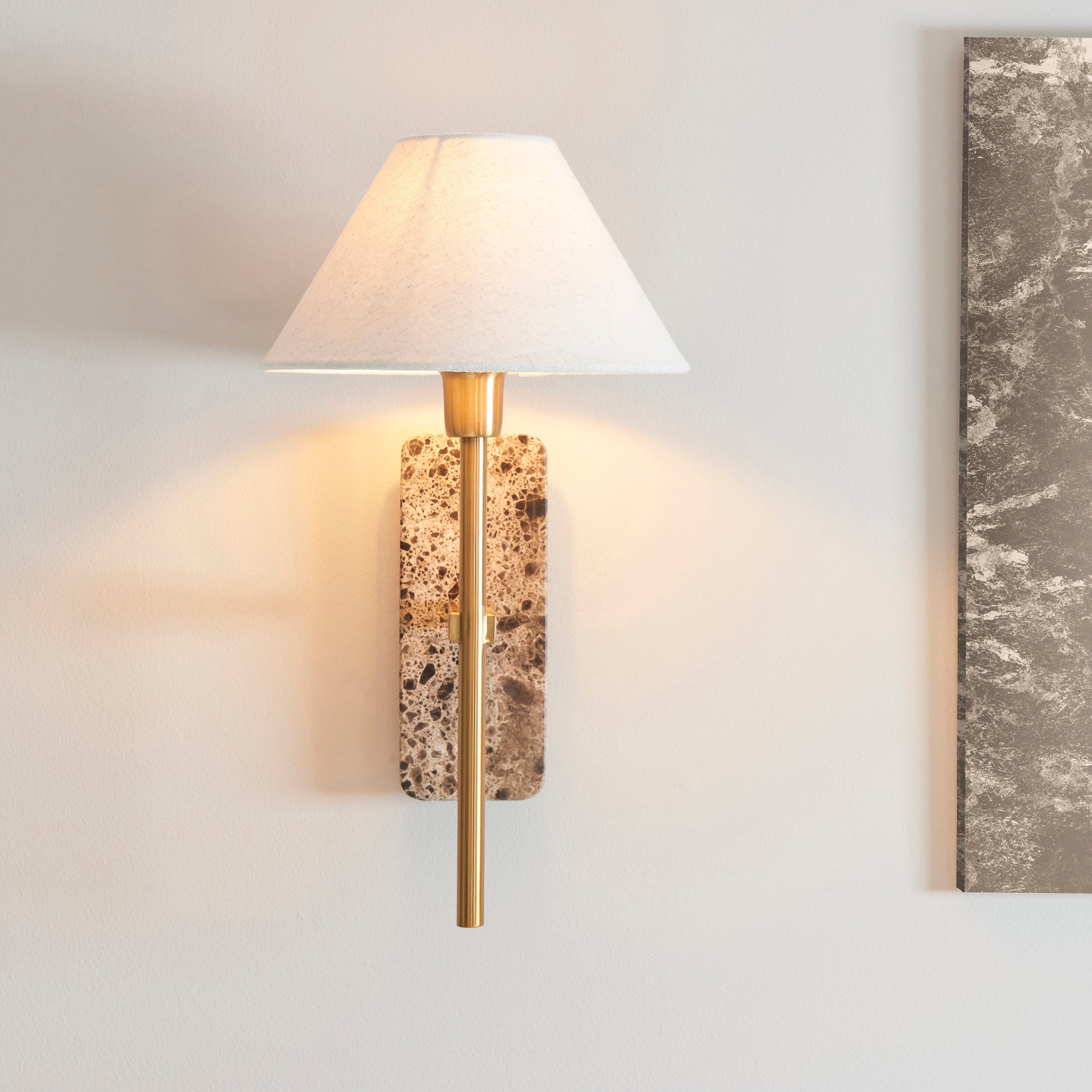 Faro Emperador Marble & Brass Wall Light - Faux Linen Shade