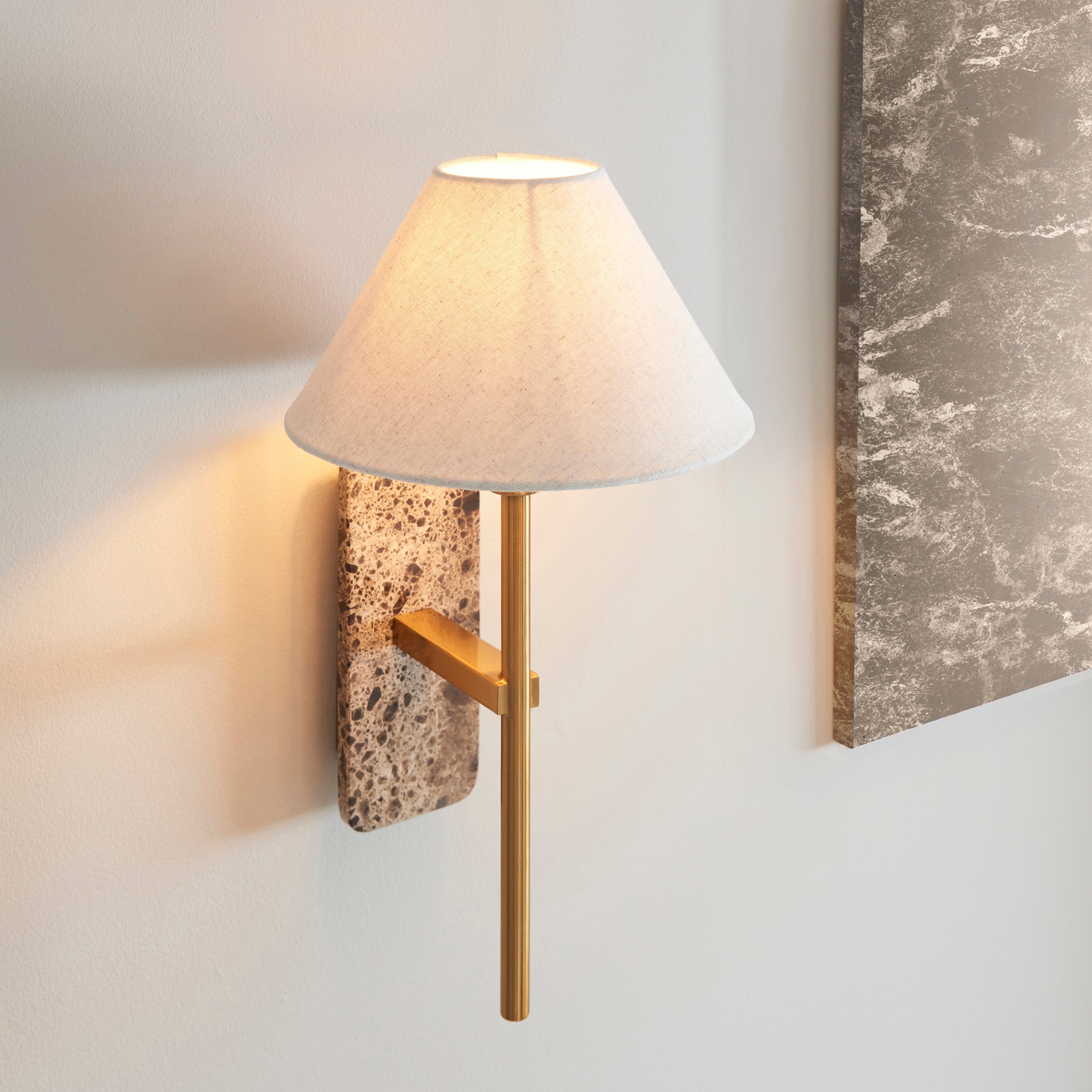 Faro Emperador Marble & Brass Wall Light - Faux Linen Shade