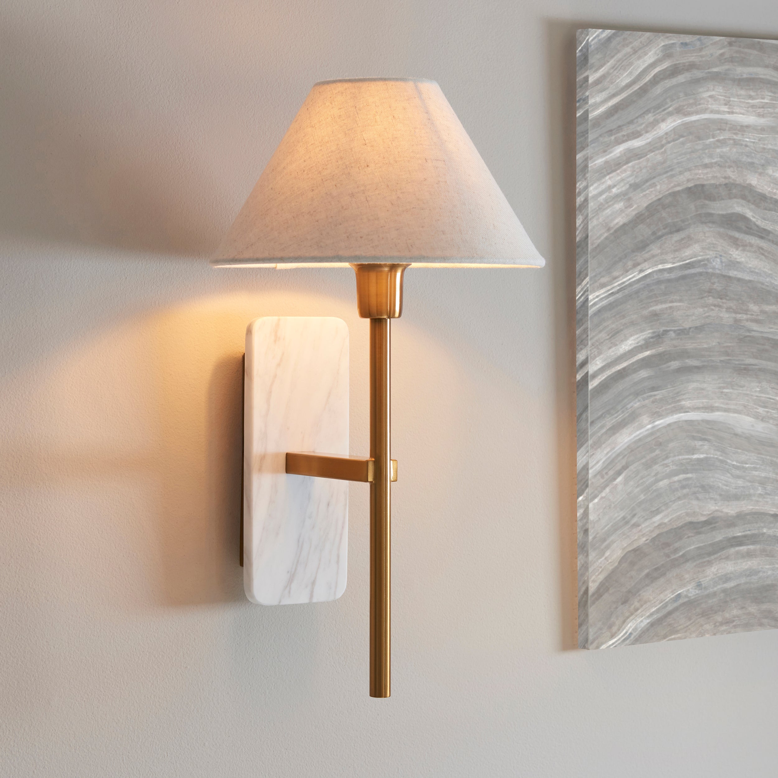 Faro White Voakas Marble & Brass Wall Light - Faux Linen Shade