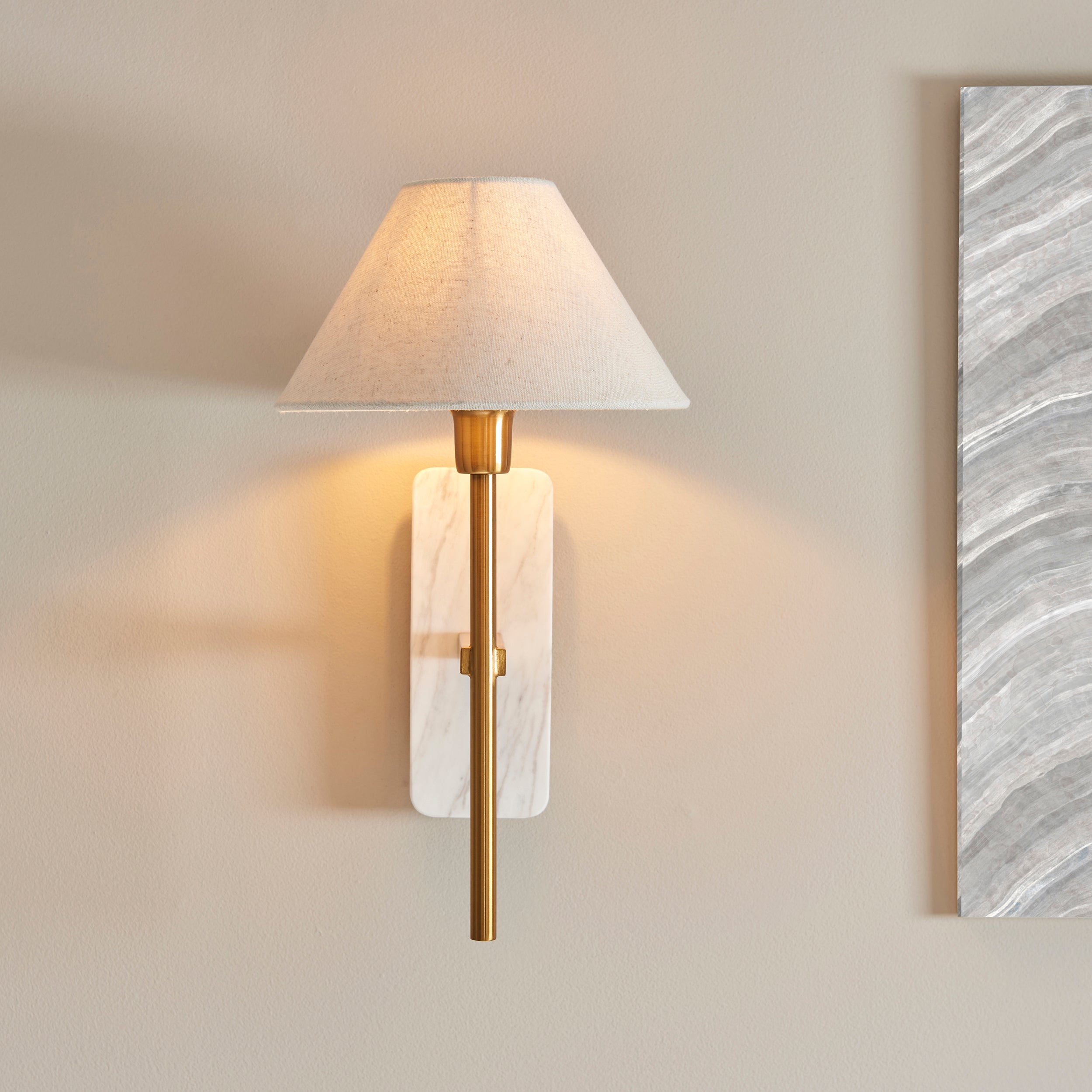 Faro White Voakas Marble & Brass Wall Light - Faux Linen Shade