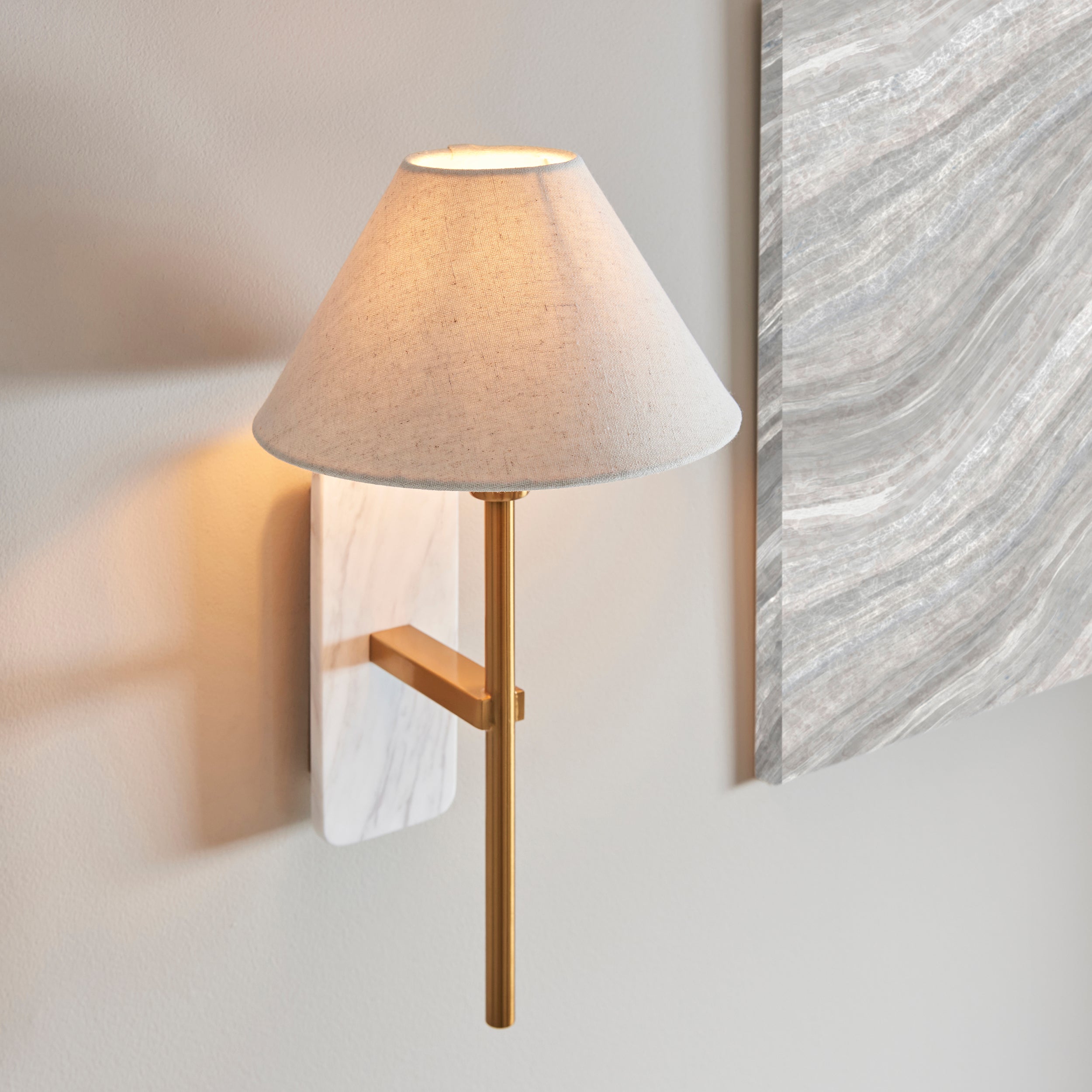 Faro White Voakas Marble & Brass Wall Light - Faux Linen Shade