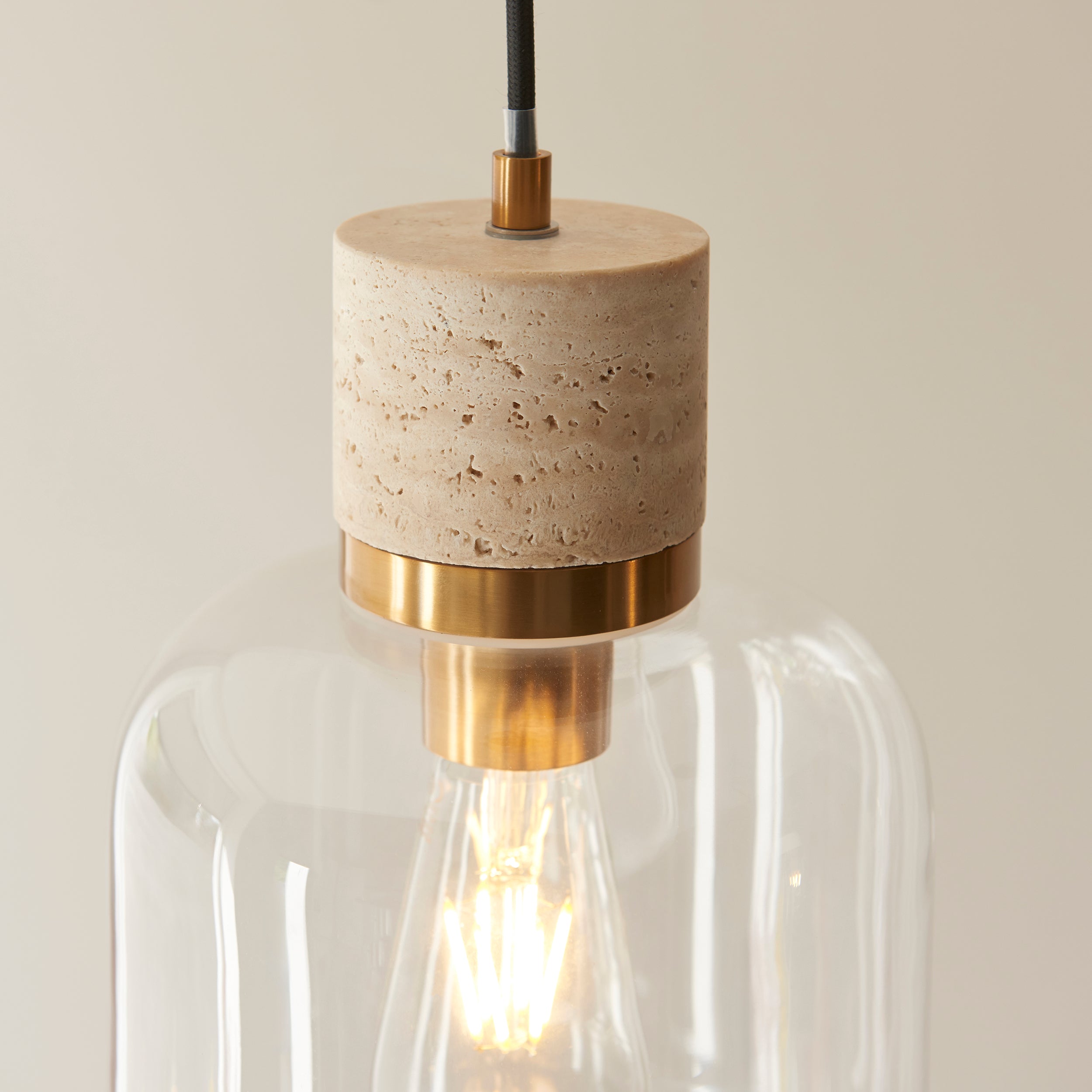 Travi Travertine Stone & Brass Pendant - Glass Shade