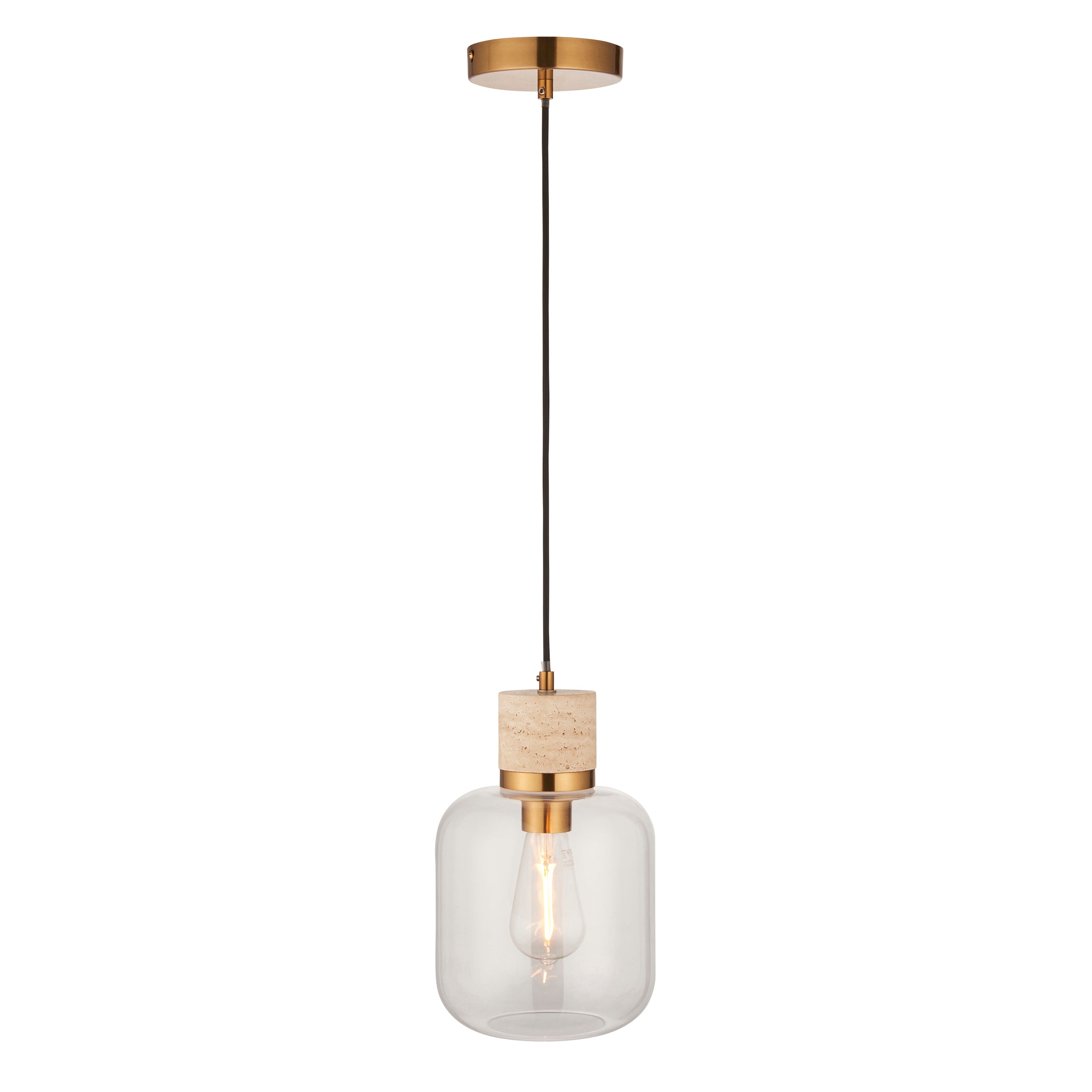 Travi Travertine Stone & Brass Pendant - Glass Shade