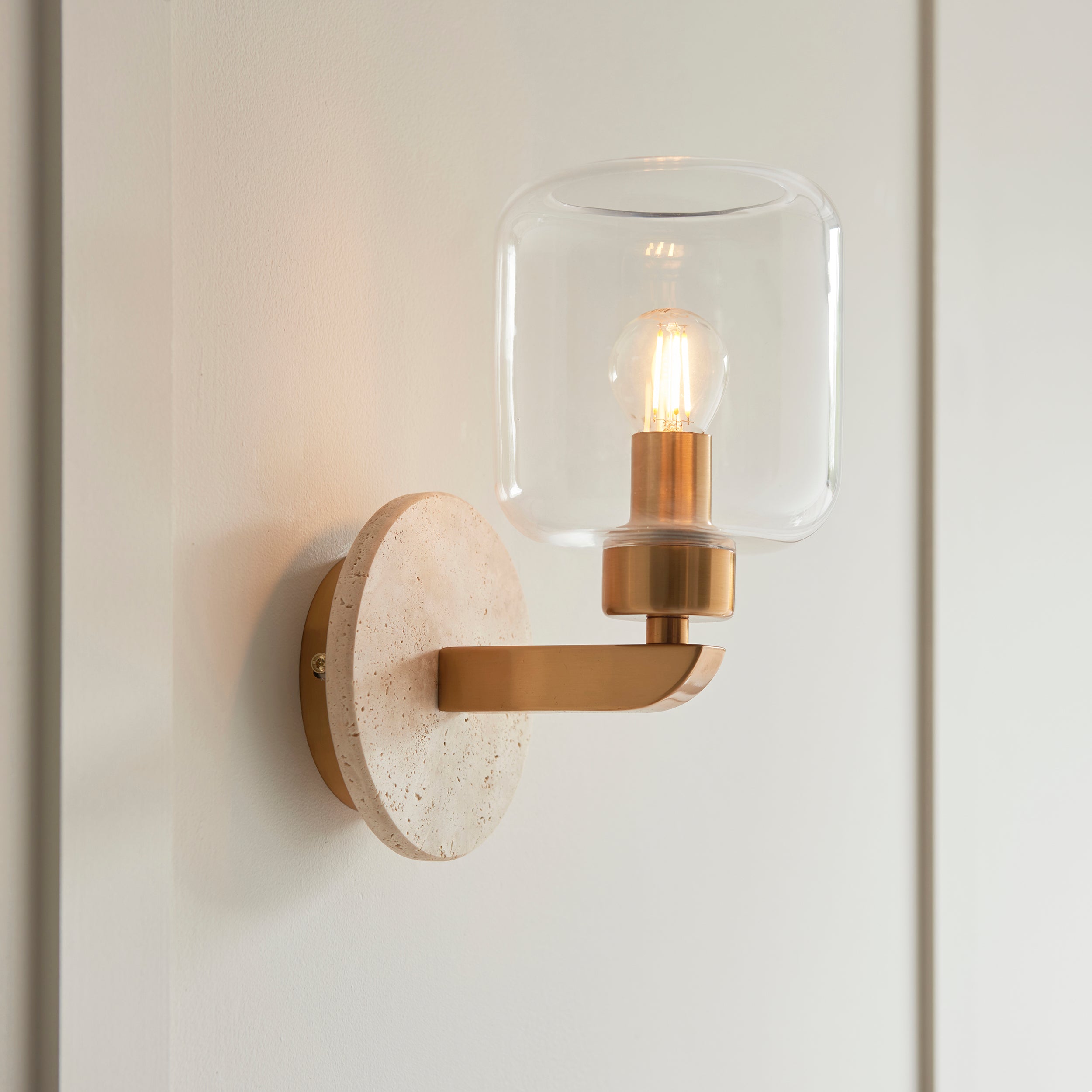 Travi Travertine Stone & Brass Wall Light - Glass Shade
