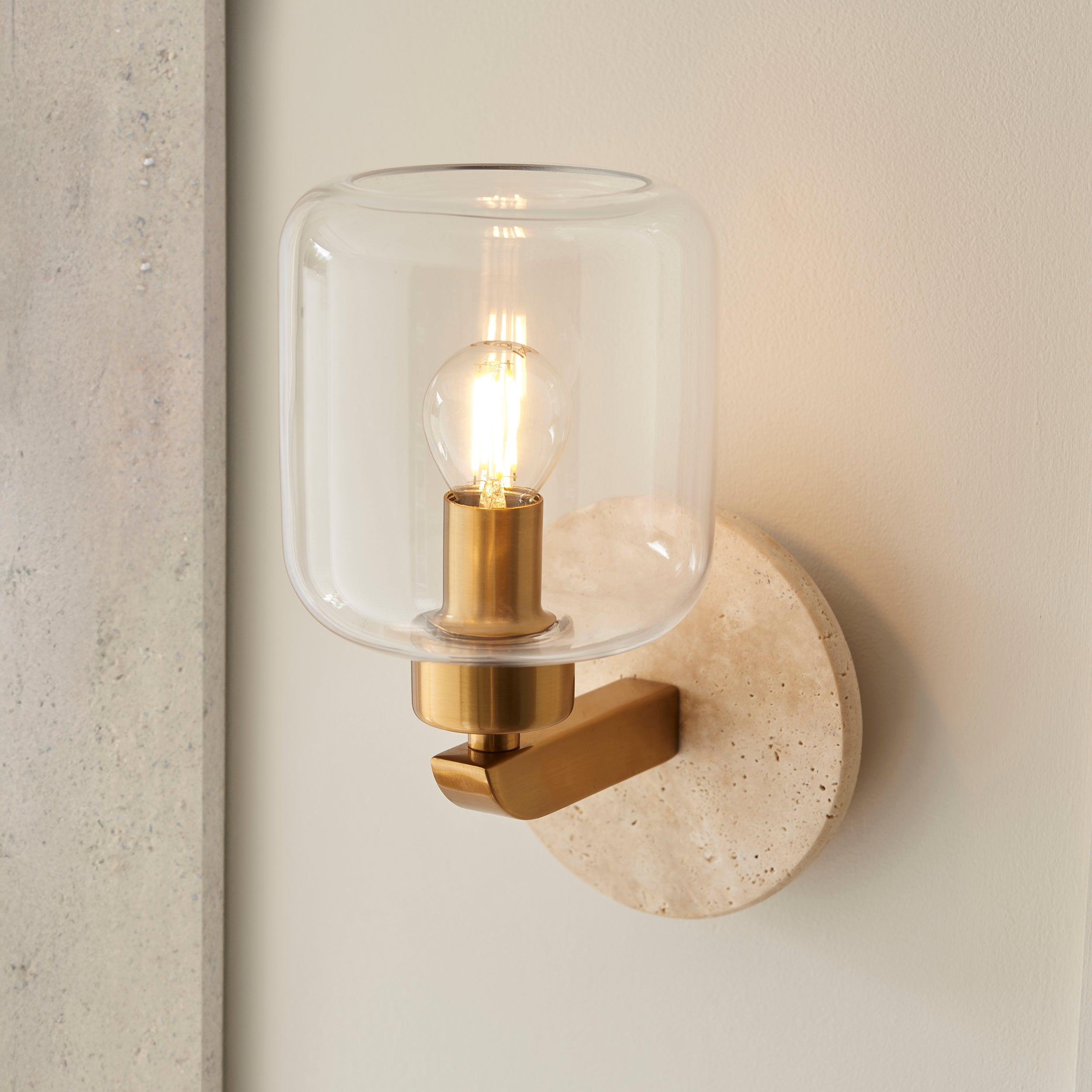 Travi Travertine Stone & Brass Wall Light - Glass Shade