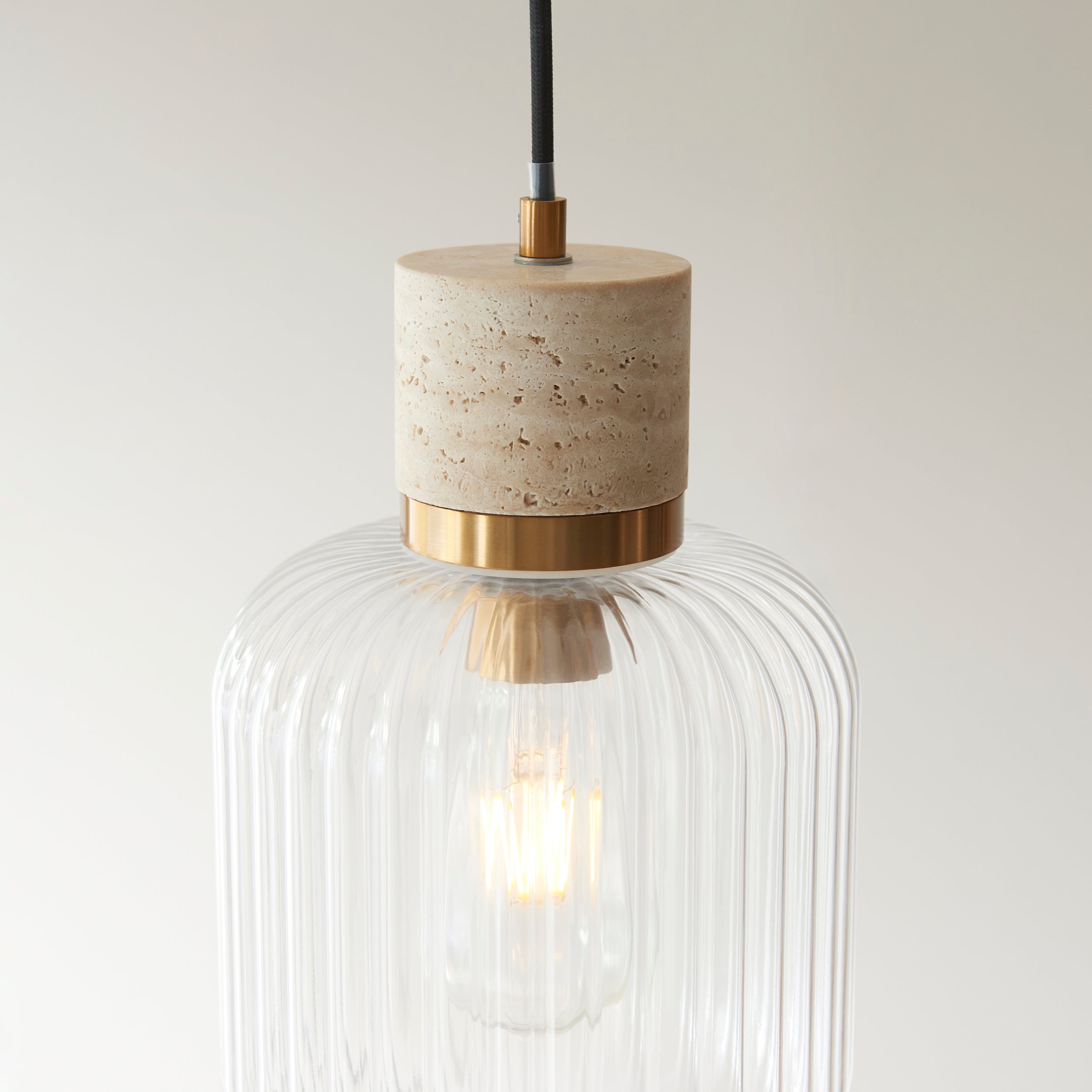 Travi Travertine Stone & Brass Pendant - Glass Ribbed Shade