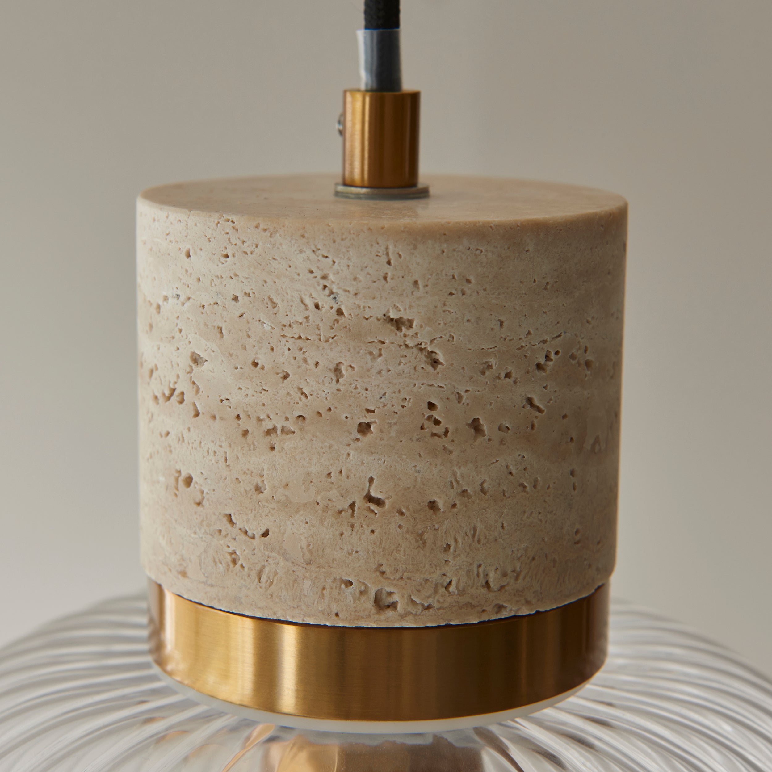 Travi Travertine Stone & Brass Pendant - Glass Ribbed Shade
