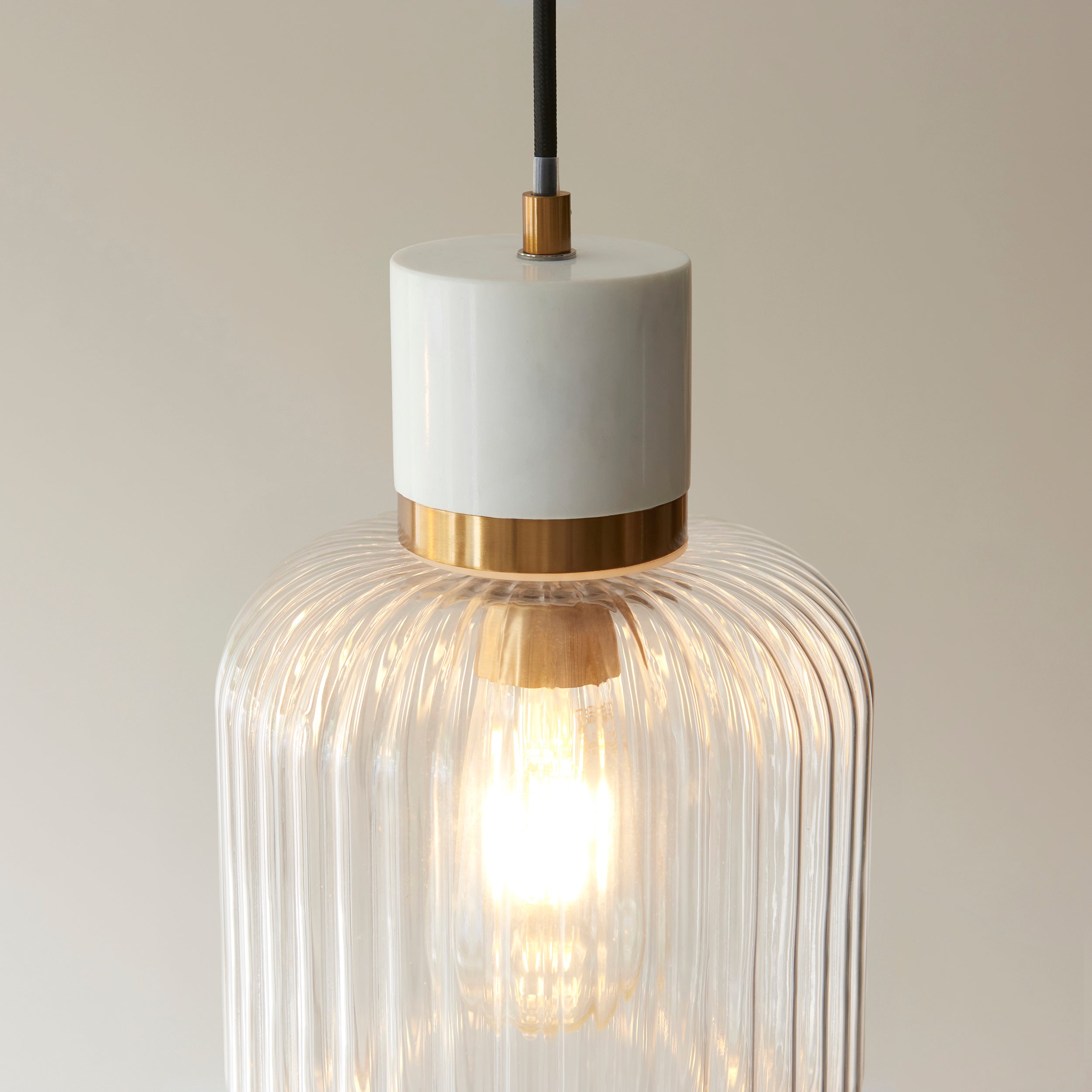Travi Volashas Marble & Brass Pendant - Glass Ribbed Shade