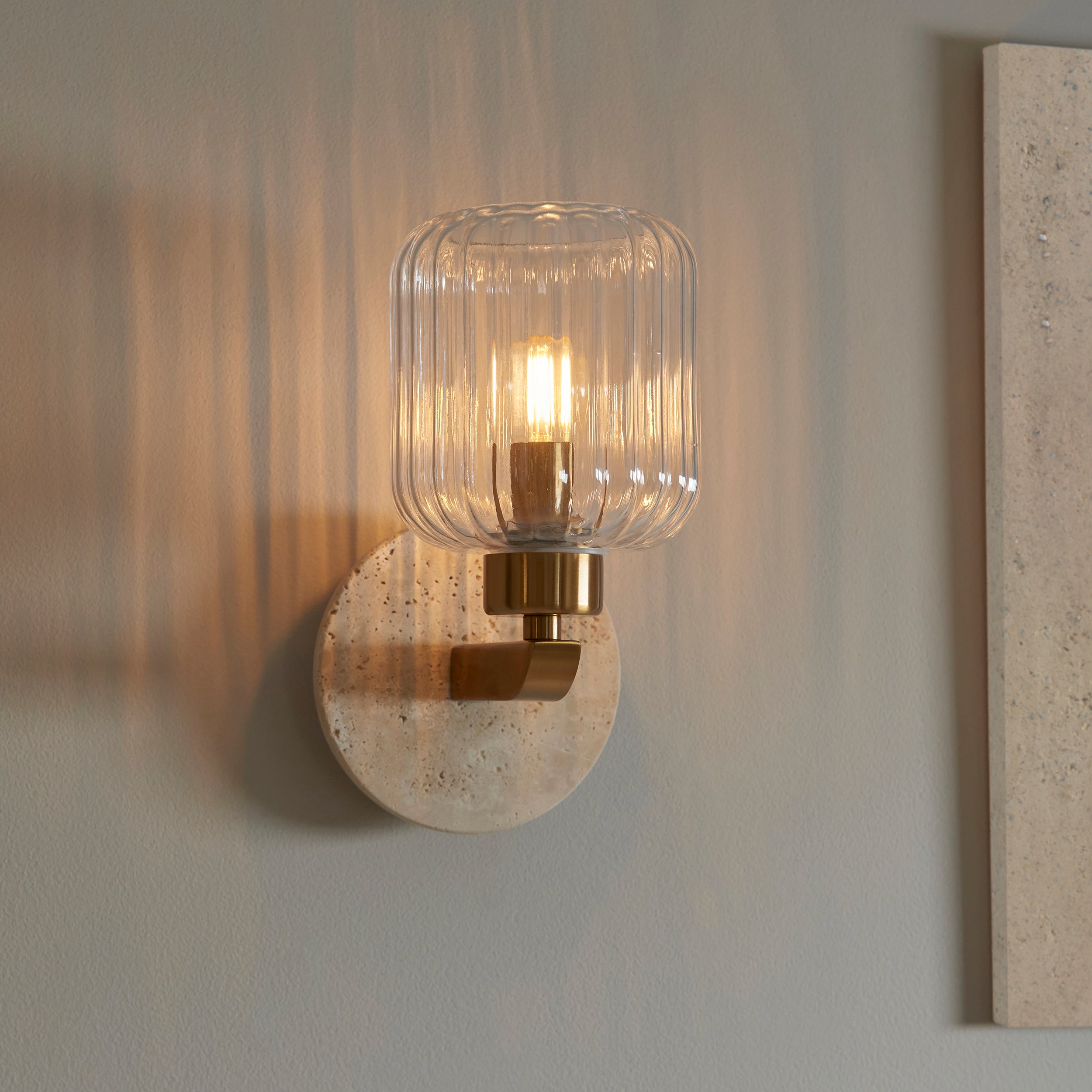 Travi Travertine Stone & Brass Wall Light - Glass Ribbed Shade