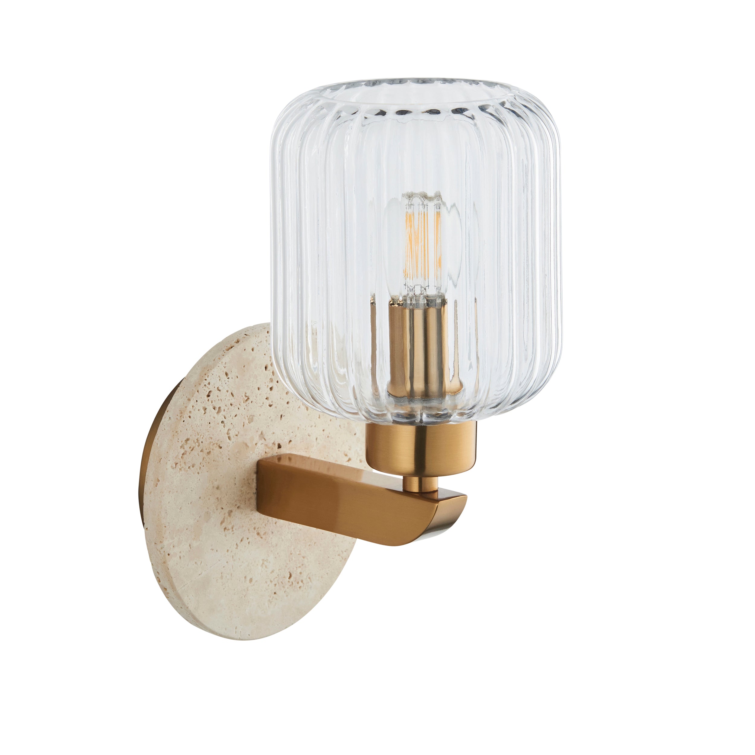 Travi Travertine Stone & Brass Wall Light - Glass Ribbed Shade