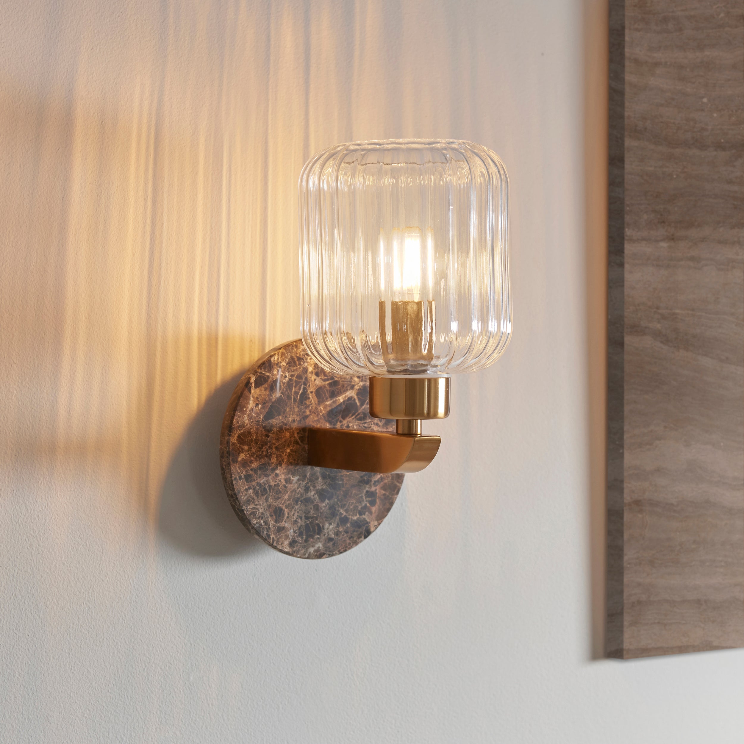 Travi Emperador Marble & Brass Wall Light - Glass Ribbed Shade