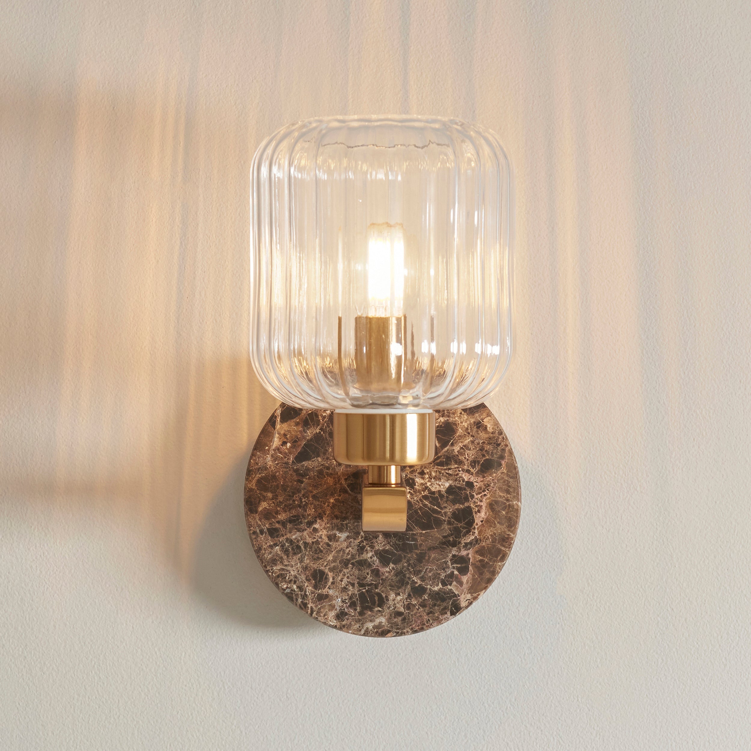 Travi Emperador Marble & Brass Wall Light - Glass Ribbed Shade