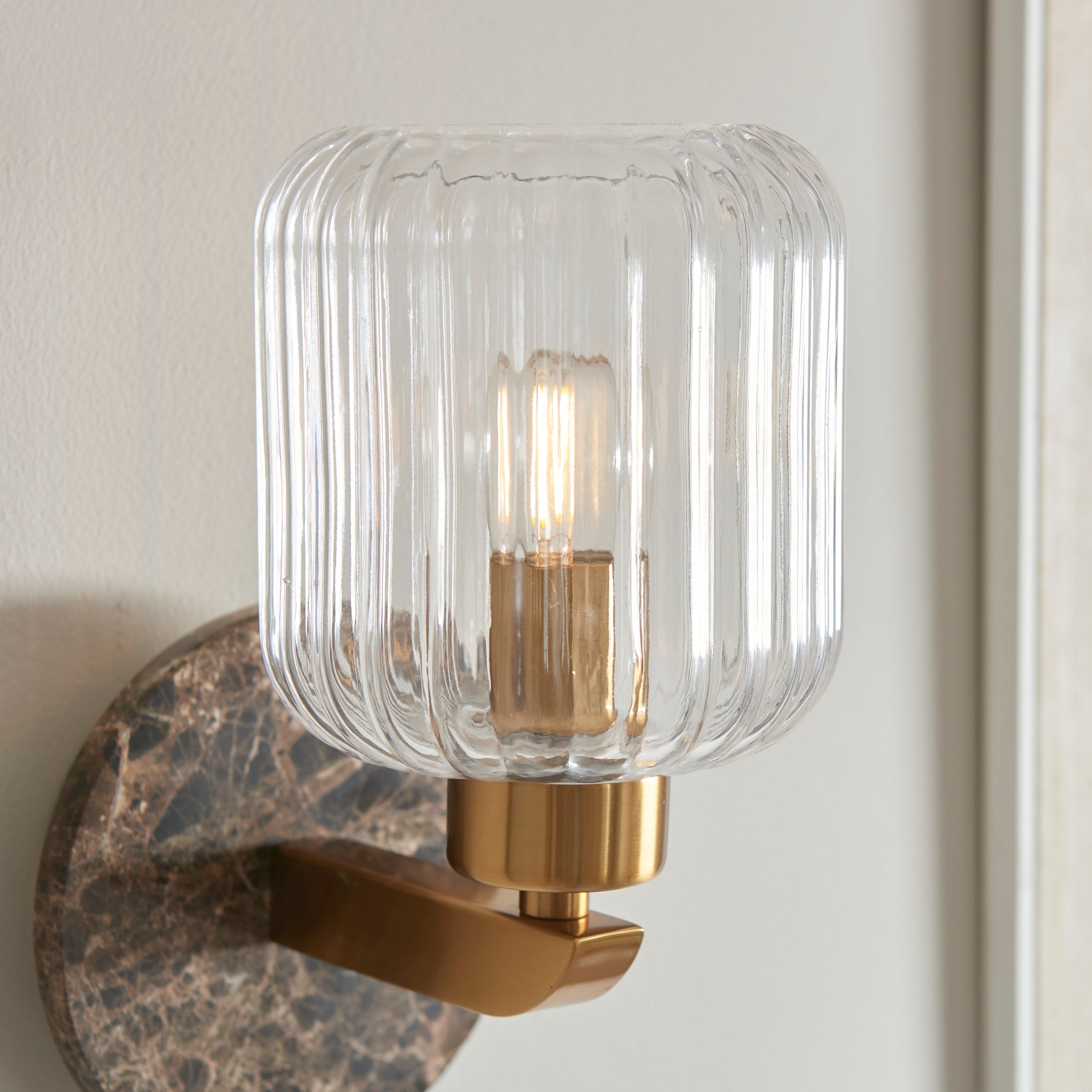 Travi Emperador Marble & Brass Wall Light - Glass Ribbed Shade