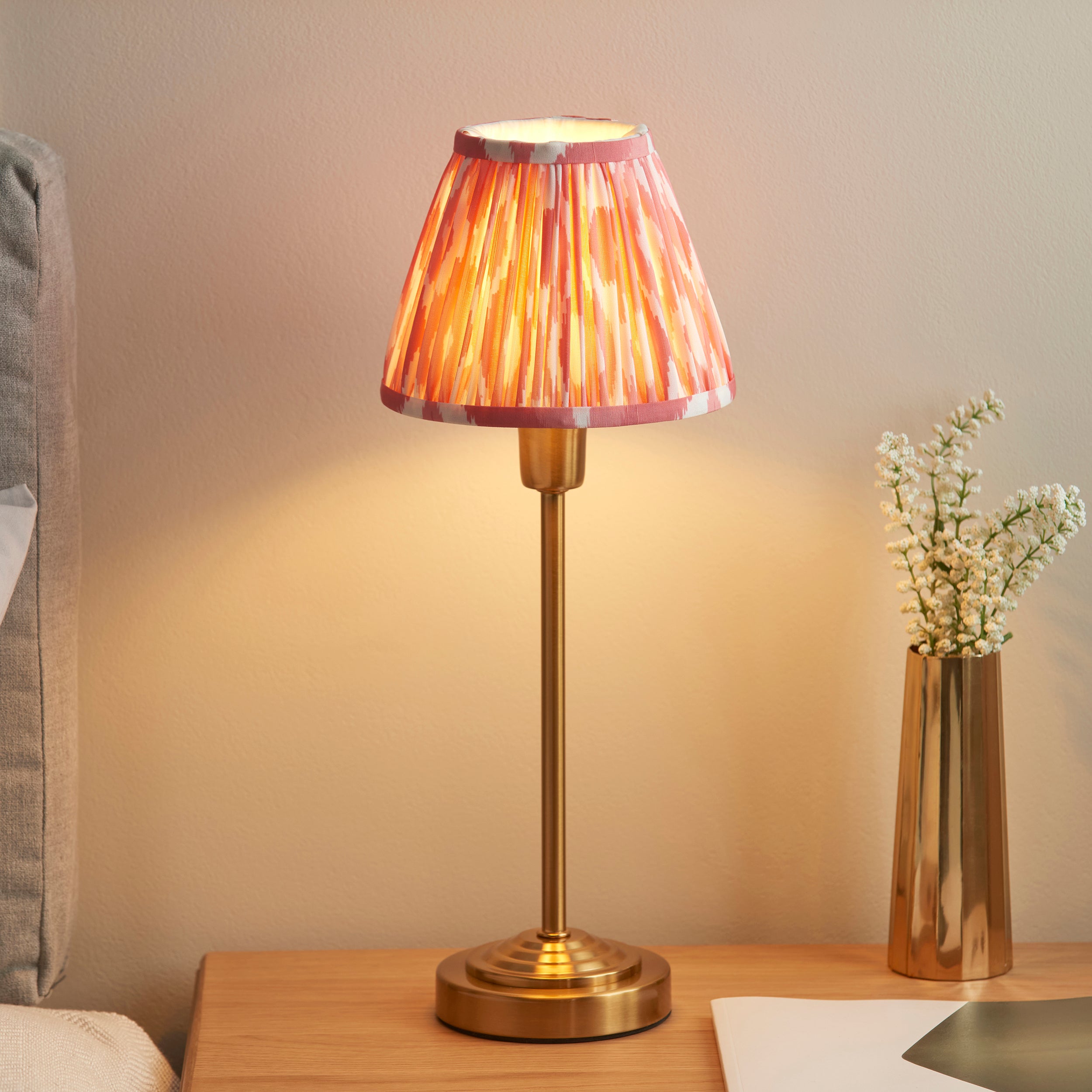 Rise Brass Table Lamp & Coral Pink Ikat 16cm Shade