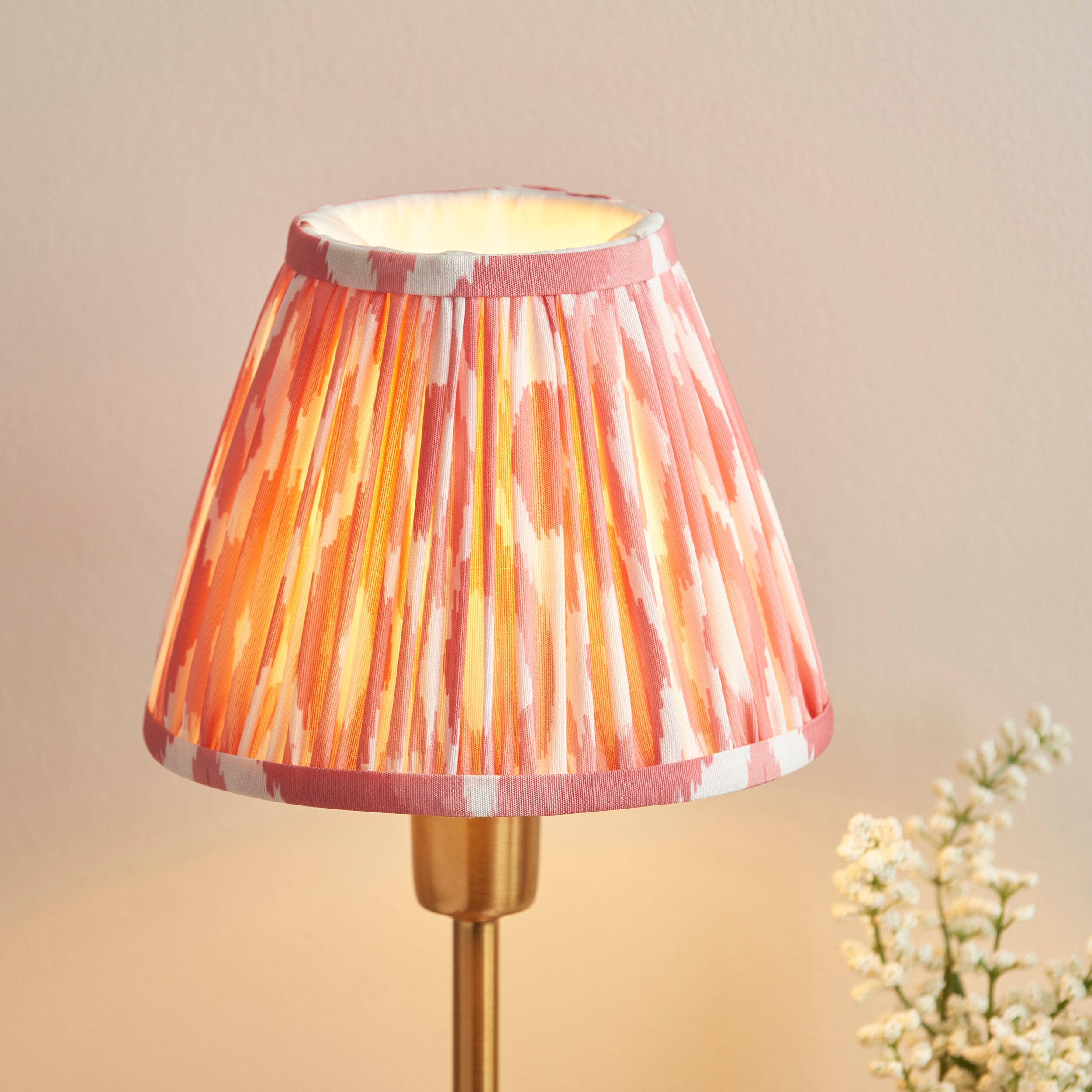 Rise Brass Table Lamp & Coral Pink Ikat 16cm Shade