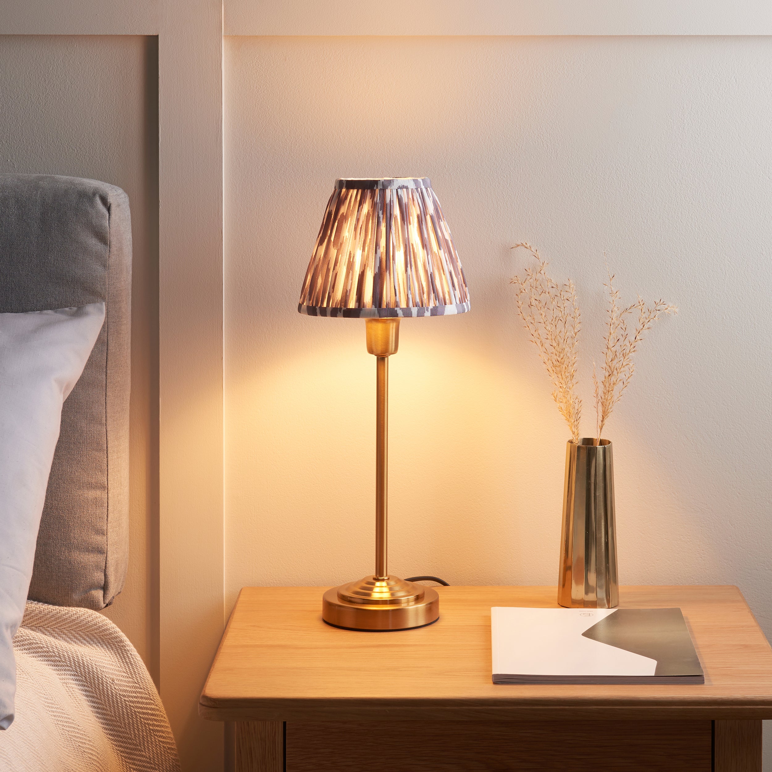 Rise Brass Table Lamp & Grey Ikat 16cm Shade