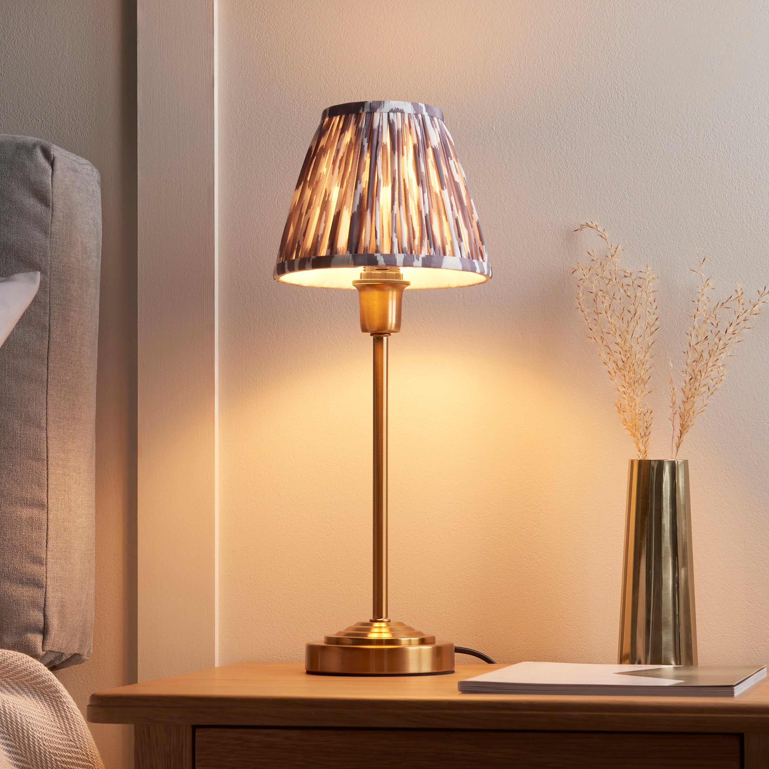 Rise Brass Table Lamp & Grey Ikat 16cm Shade