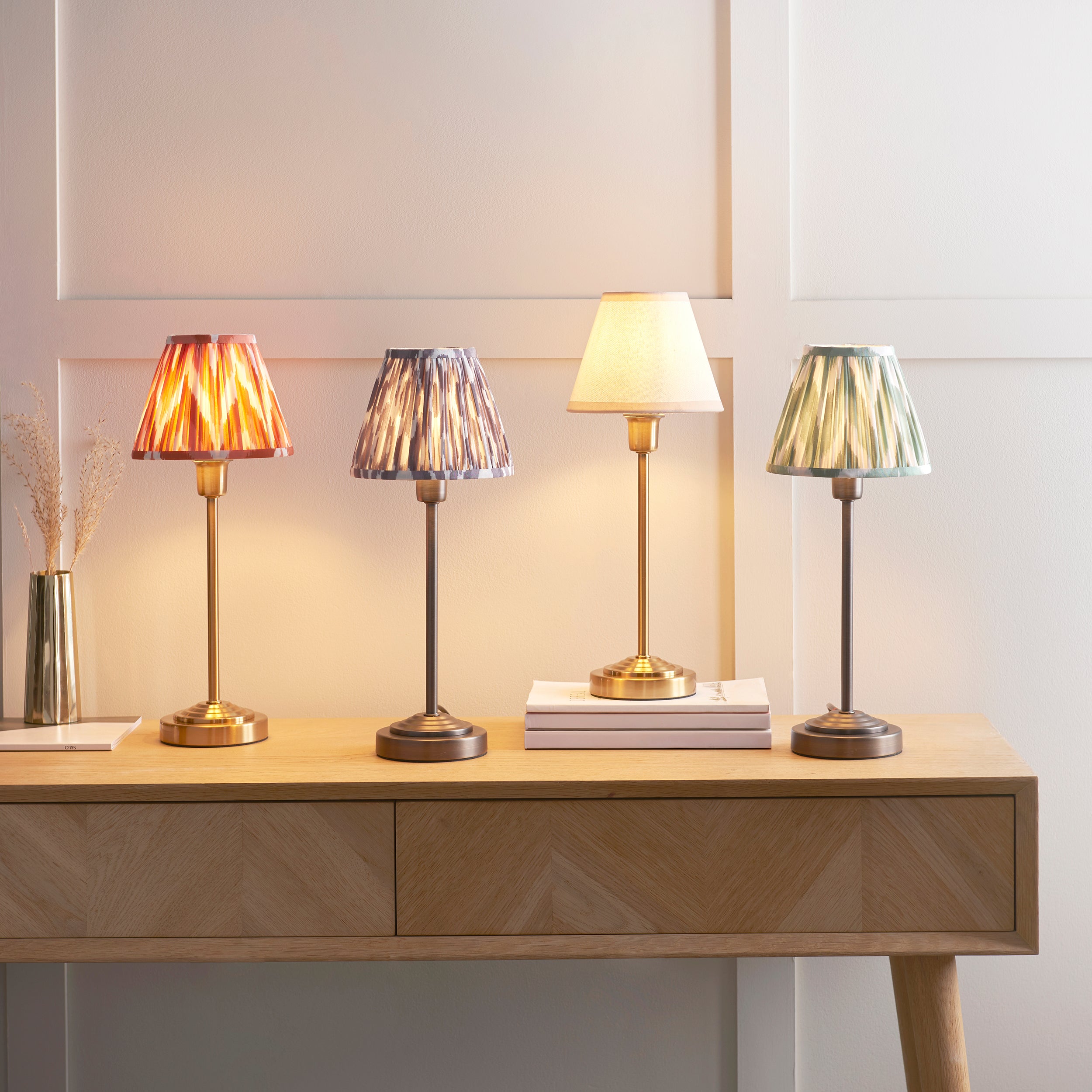 Rise Brass Table Lamp & Grey Ikat 16cm Shade