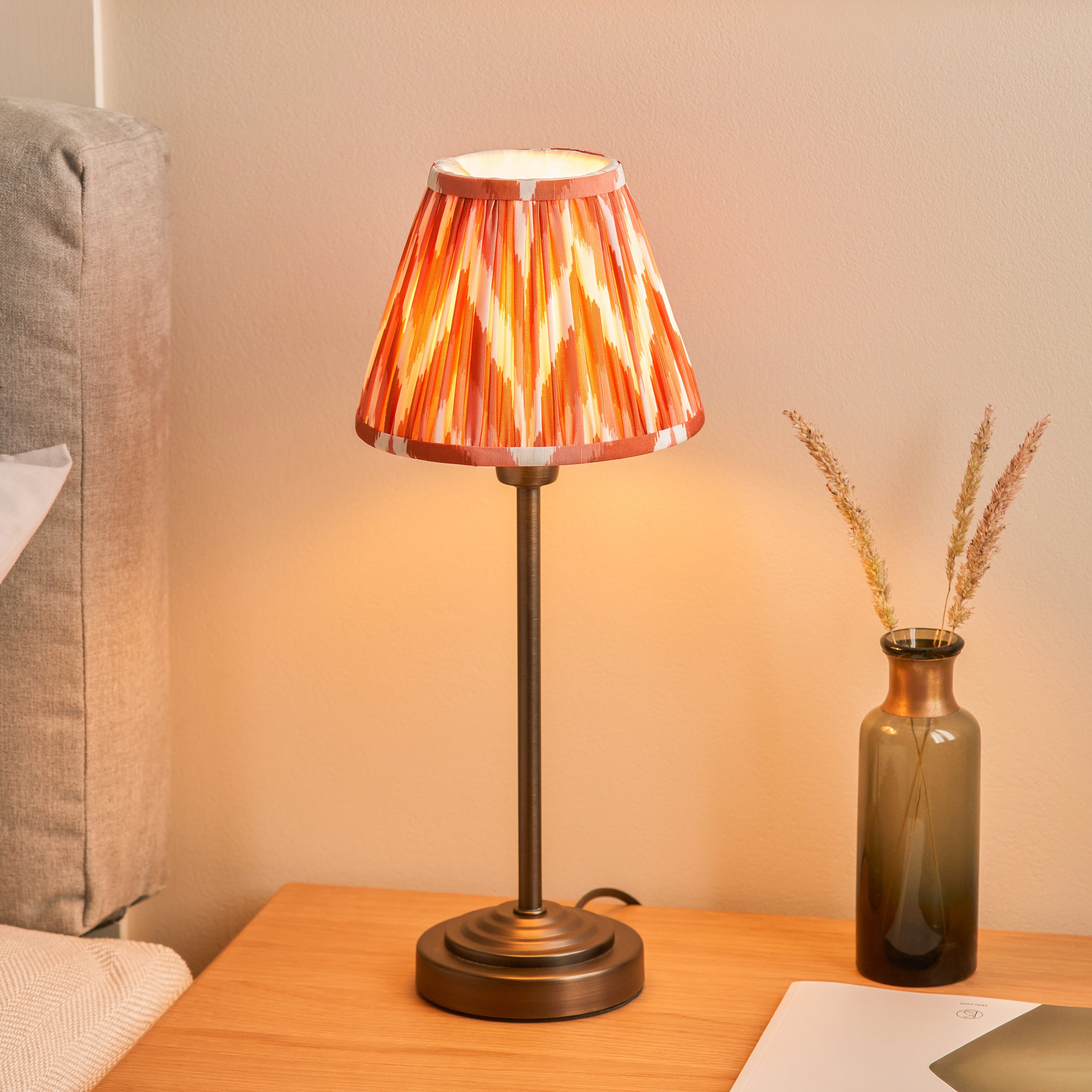 Rise Bronze Table Lamp & Orange Ikat 16cm Shade