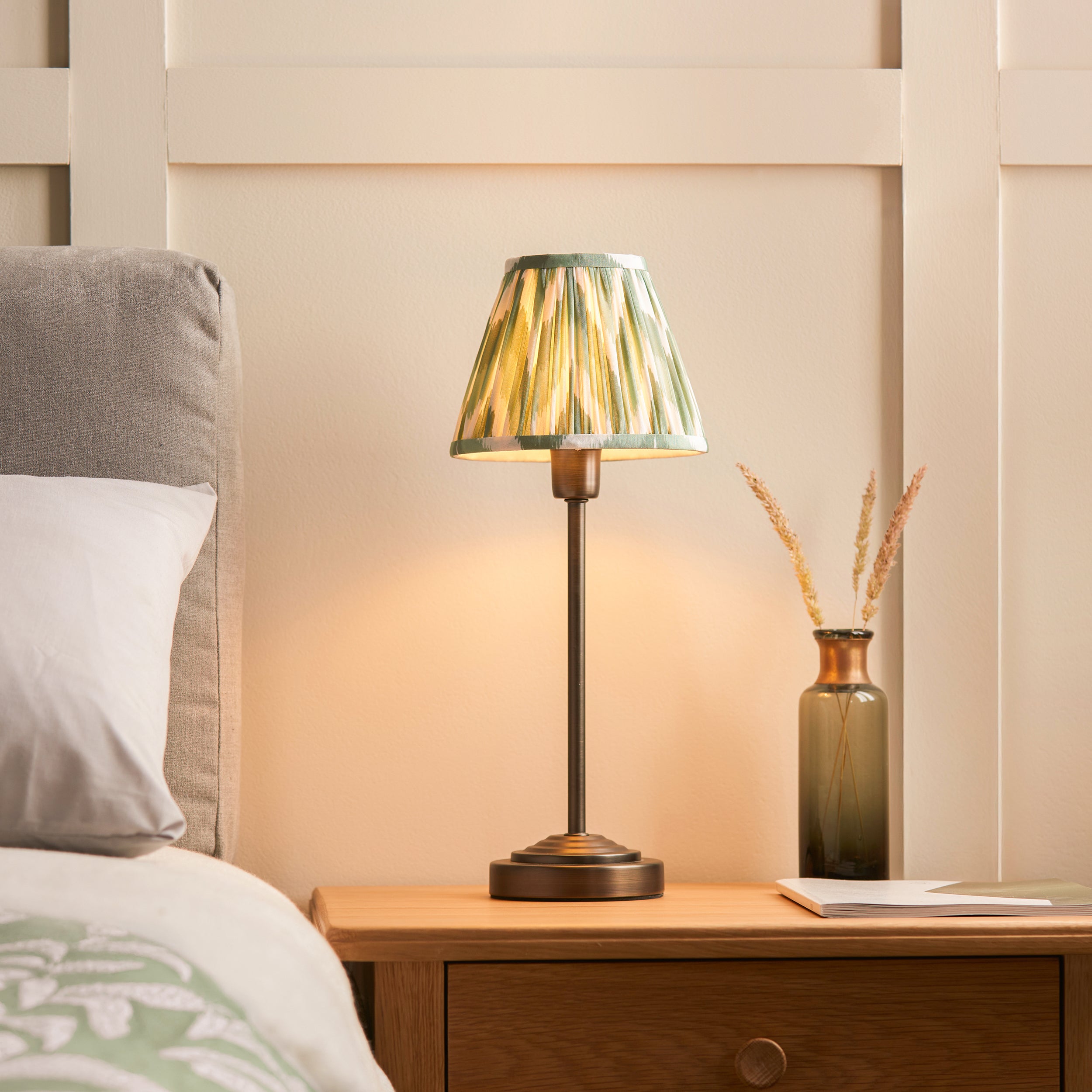 Rise Bronze Table Lamp & Green Ikat 16cm Shade
