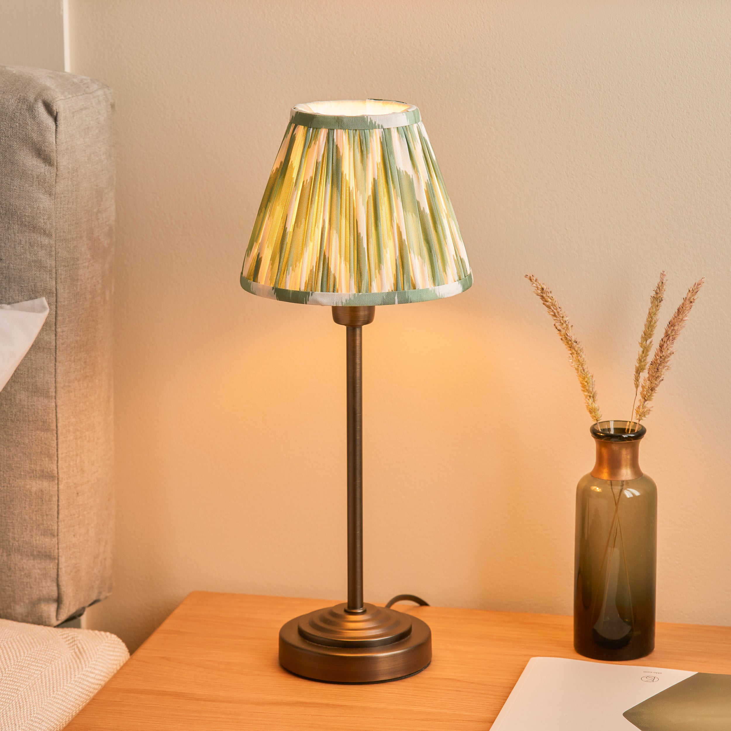 Rise Bronze Table Lamp & Green Ikat 16cm Shade