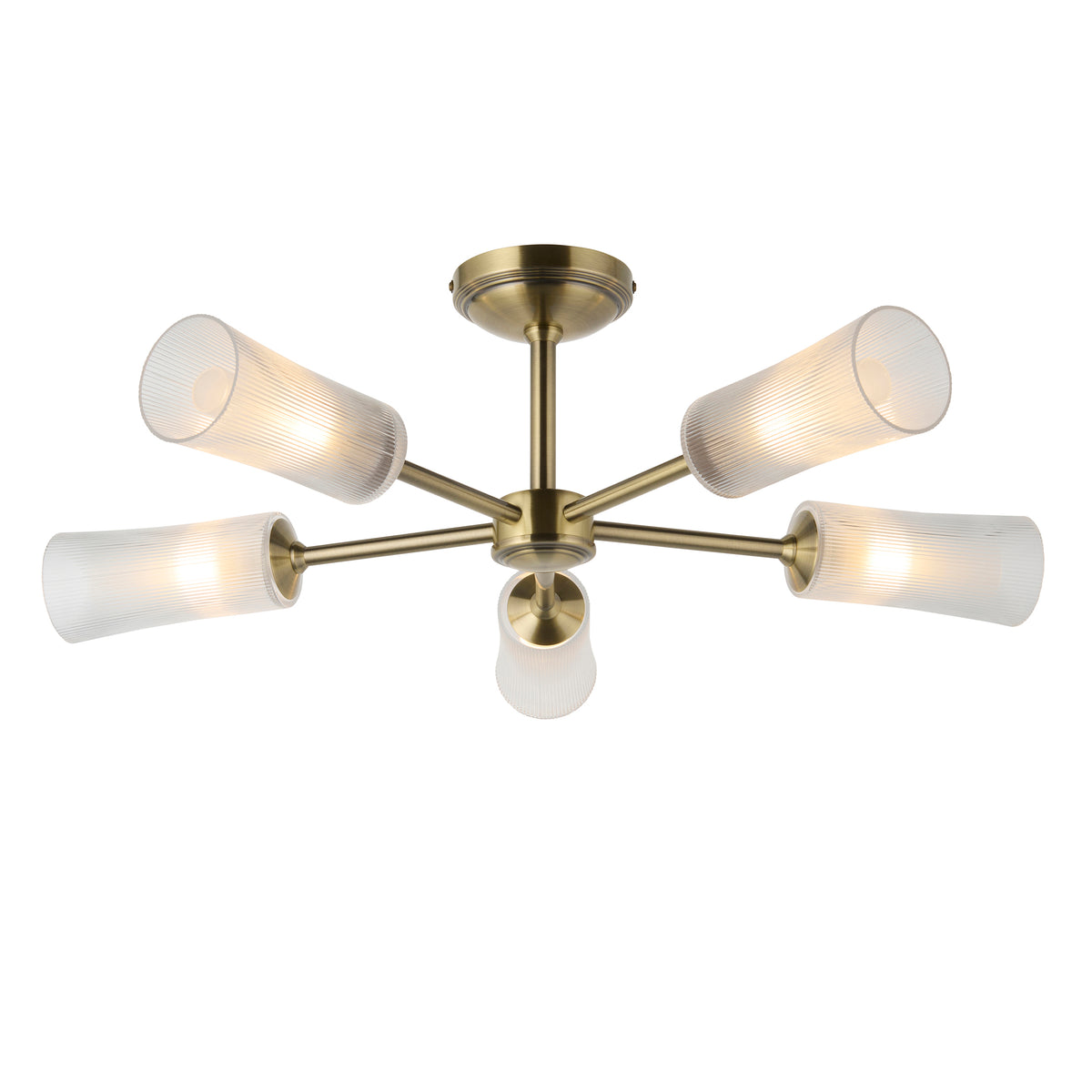 Avelyn antique brass 5-light semi flush ceiling light with clear ribbed glass shades, on white