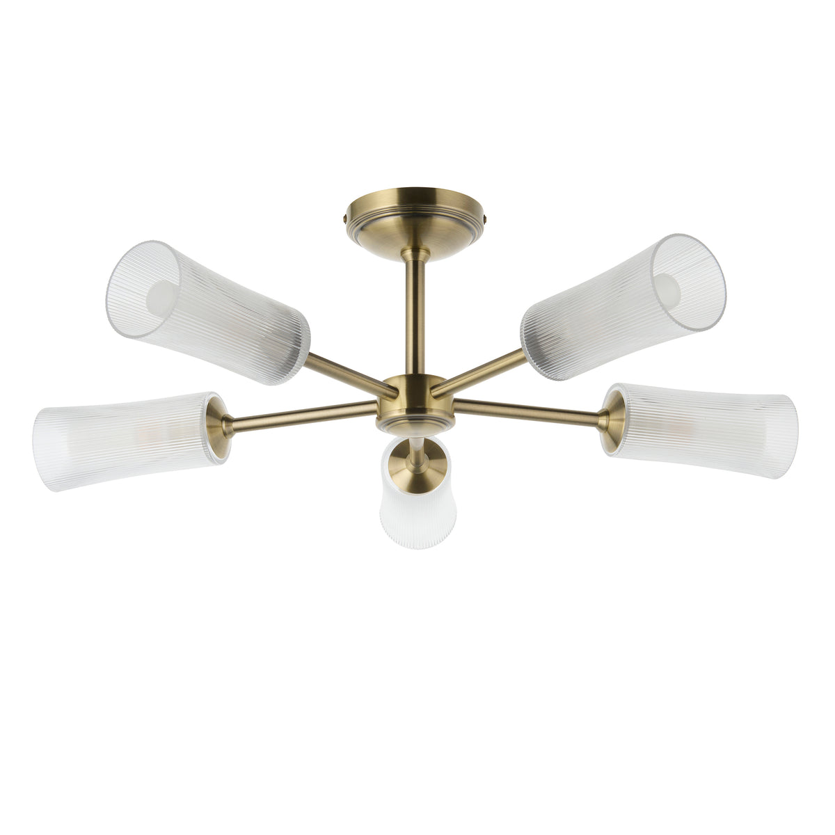 Avelyn antique brass semi flush light with five ribbed glass shades, unlit on white
