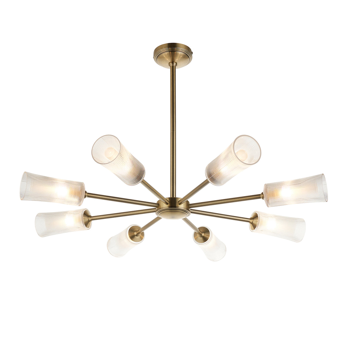 Avelyn antique brass 8-light chandelier with clear ribbed glass shades on a white background