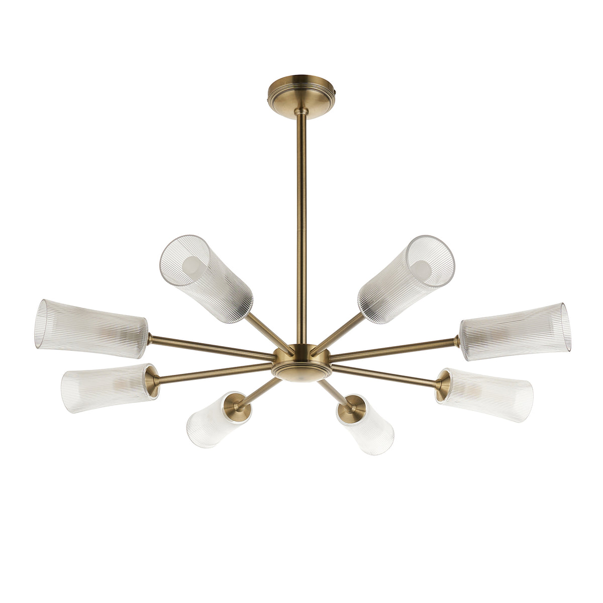 Avelyn eight-light brass chandelier with ribbed glass shades shown unlit from the side