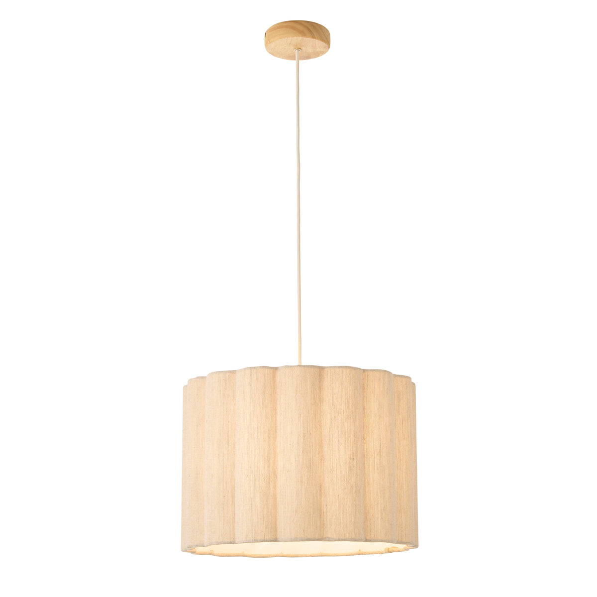 Olson pendant light with scalloped natural fabric drum shade and oak ceiling rose, on white
