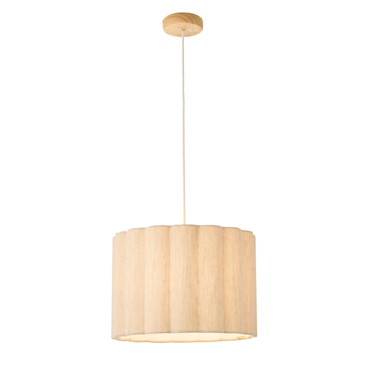 Olson oak and natural fabric pendant with scalloped drum shade, cut out on white