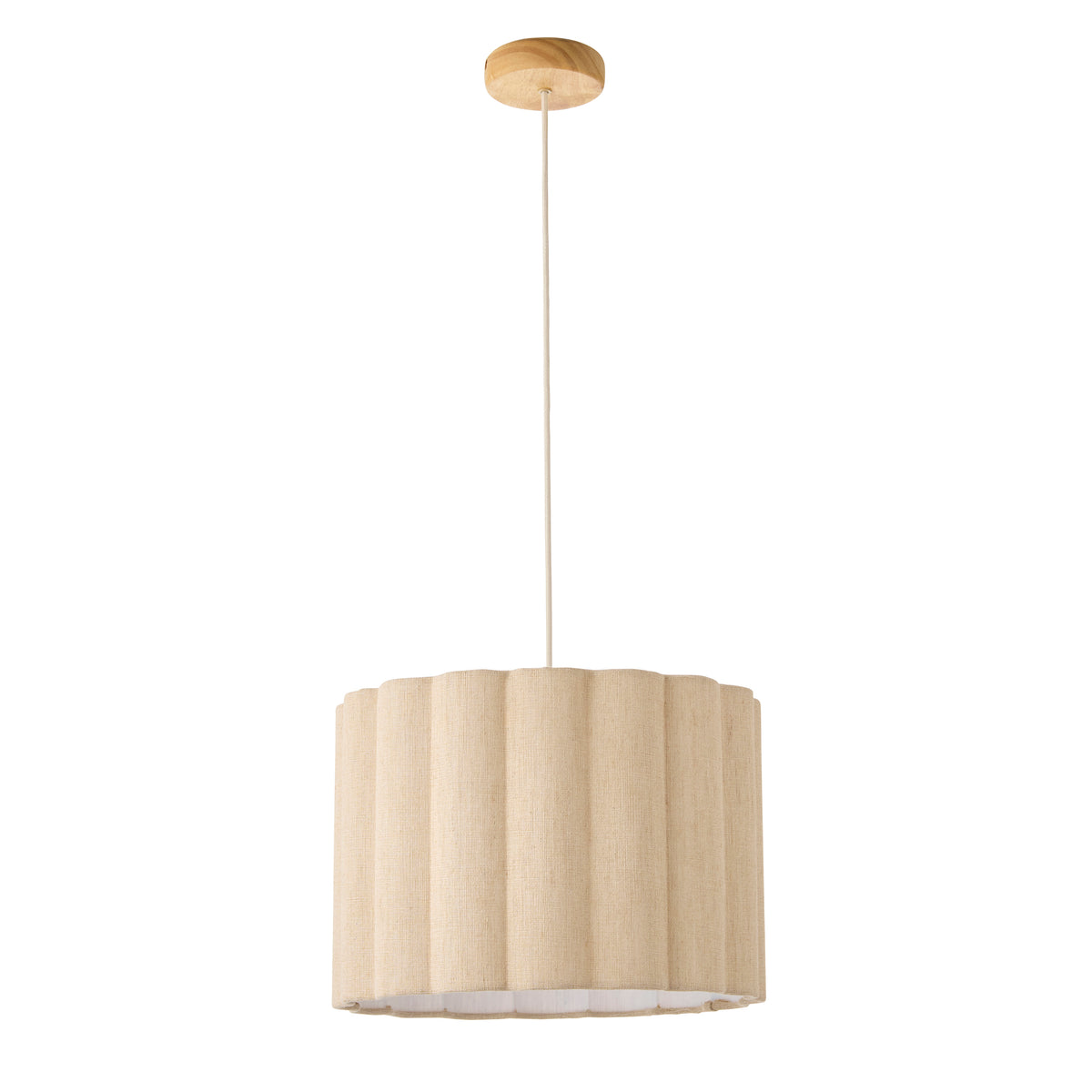 Olson pendant light with scalloped natural fabric shade and oak ceiling rose, front view