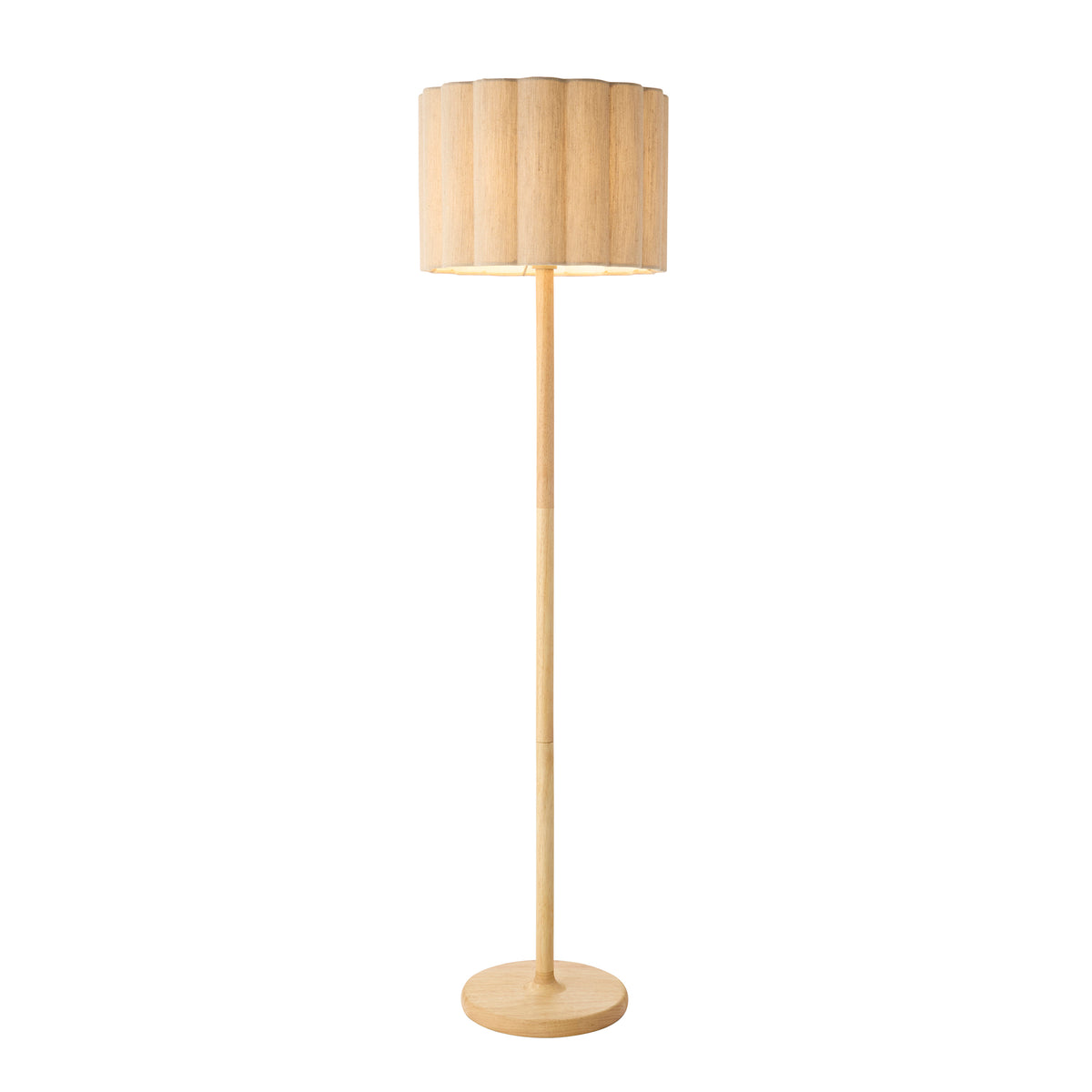 Olson oak-stained wood floor lamp with scalloped natural fabric drum shade on a round wooden base